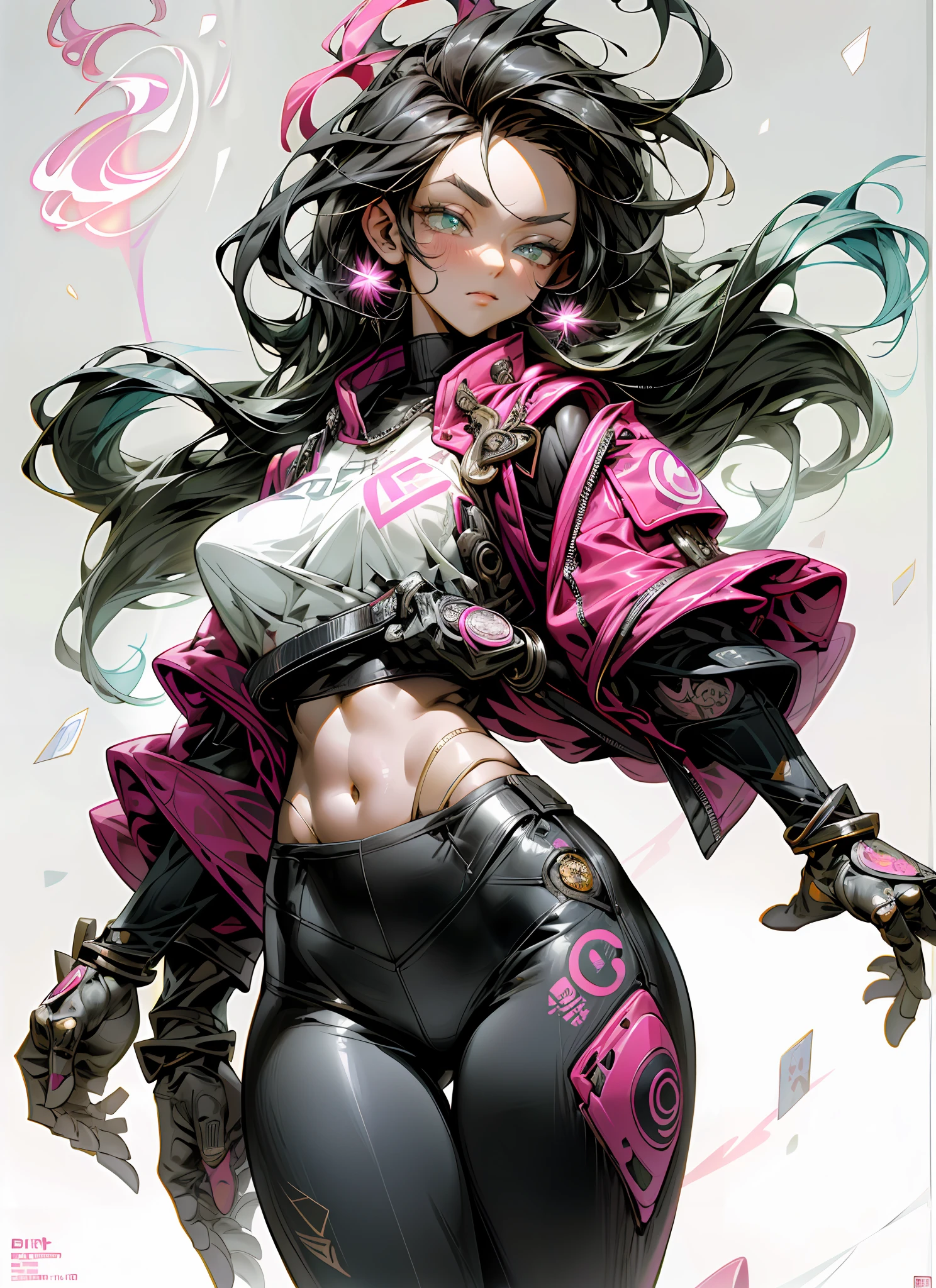 (MASTERPIECE), (Best Quality), (Ultra Detail), Official Art, One Girl, background, mixed-language_text, Japanese letters in graffit, beautiful woman em ação, long black hair, excellent lighting, sidelighting, perfect ultimate (flat color pink bubblegum gradient: 1.3), (magazine_cover: 1.4), (multicolored_background: 1.3), striped_background, card_background, :: discs with sharp and shiny blades in hand :: circular pieces of white metals glued to the ultra detailed arms coming out sparkling glow, black star design stamped in the middle of the t-shirt, perfect and detailed sculptural body, ultra detailed shirt with abstract design and with Japanese letter print in grafit of the sides of the clothing, worn jeans, big breast, with immersive effects, hover effect, background graffiti style flowers with flowers and vibrant colors, "ultra" hdr detailed and with focus effect, (masterpiece: 1.2, best quality), (beautiful emerald yellow eyes with huge finely detailed eyelashes: 1.2), , ((Solo)), (Finely detailed eyes and detailed face:1.3),beautiful ultra-detailed eyes, lineart light smile, graffiti and tattoo style backdrop, woman, alone. midriff, skintight bodysuit with detailed tattoo-style print, ultra-detailed red gradient leather jacket, hot thighs, black skintight pants with ultra-detailed white and pink detailing, large breasts, ultra-detailed bracelets on arms, , bracelet on right arm with ultra bright red energy