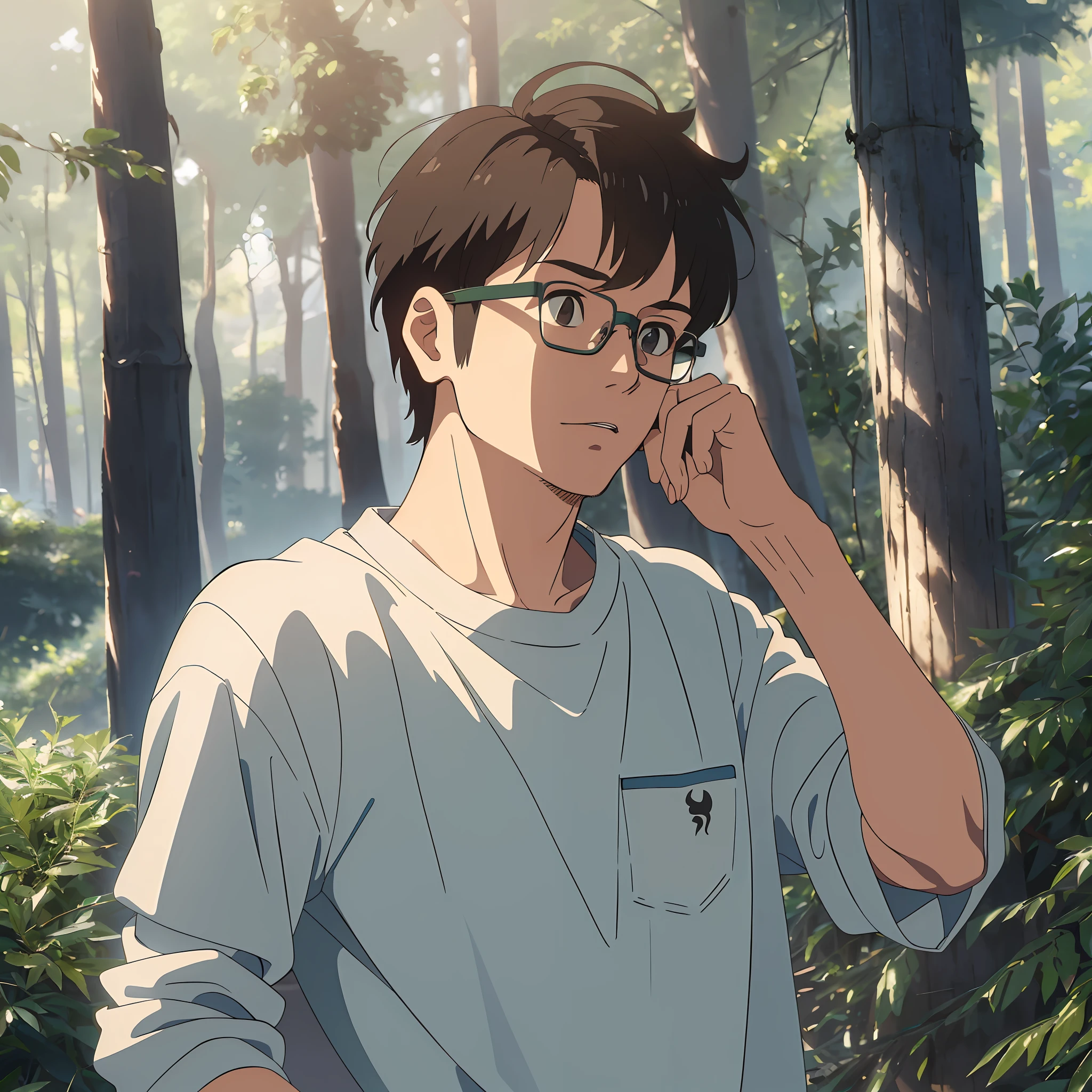 (half-body, boy, glasses, looking up diagonally, casual wear, Miyazaki style), clean lines, soft colors, city, sky far. --auto --s2