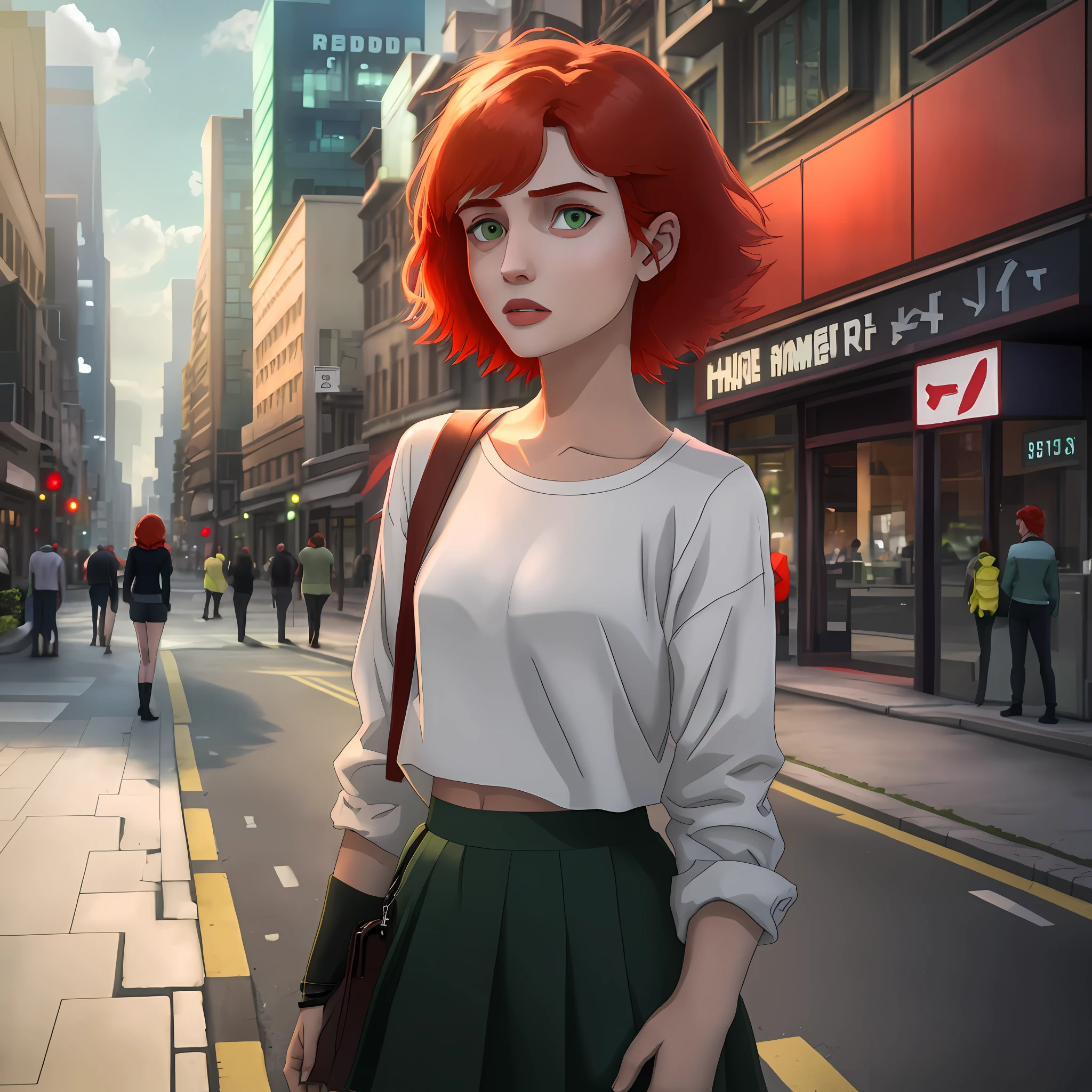 Red-haired girl standing in the middle of town, short hair, red hair, long-sleeved shirt, green skirt, green eyes, young girl, young teenager, strange, shy, weird