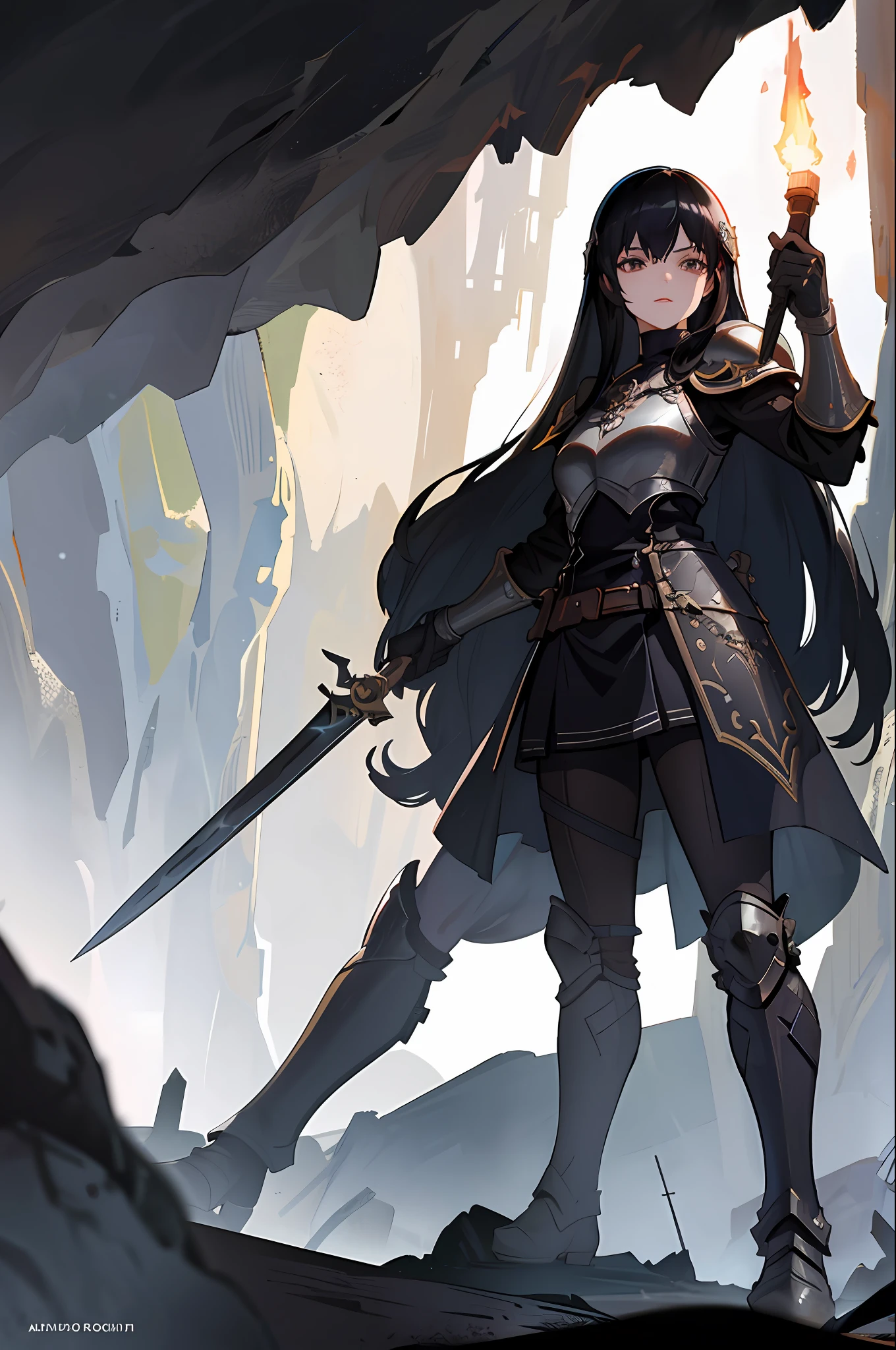 (masterpiece, best quality),1girl with long black hair holding a steel sword inside a cave, helmet, armor, boots, glove, torch, perspective, flash point, dark, stones, naturalism, realism, fantasy, perspective, fog, fog, capricious, adventurous