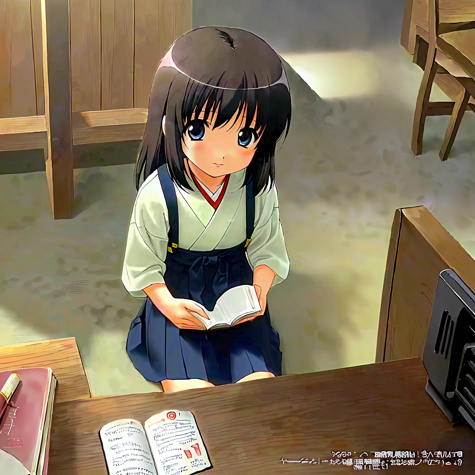 Cute Japanese girl, 8 years old, anime style, reading the Bible, inside the church