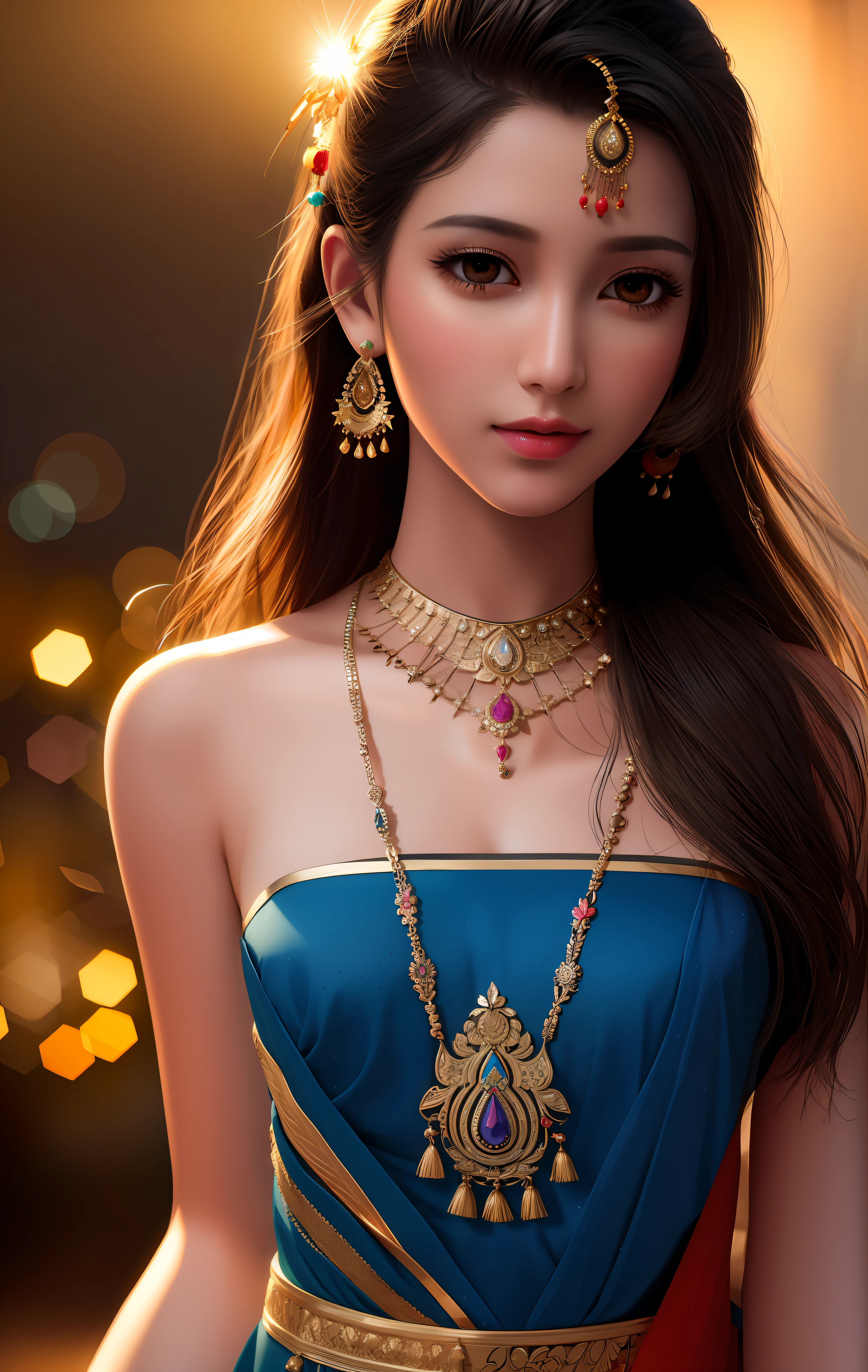 best quality, masterpiece, highres, 1 Woman, Indian dress, 30 years old, hair ornament,necklace, jewelry,Beautiful face,upon_body, tyndall effect,photorealistic, dark studio, rim lighting, two tone lighting,(high detailed skin:1.2), 8k uhd, dslr, soft lighting, high quality, volumetric lighting, candid, Photograph, high resolution, 4k, 8k, Bokeh