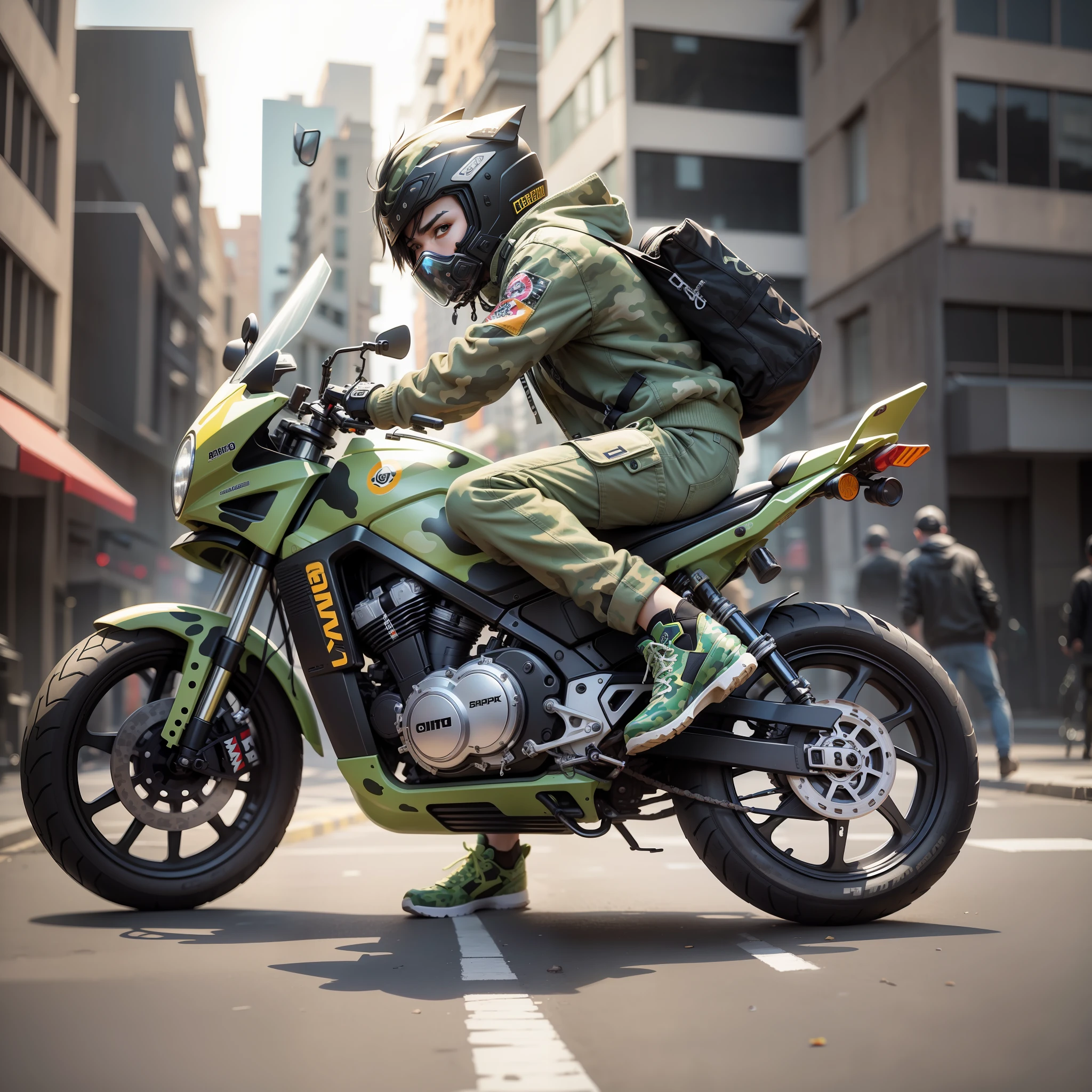 Make a scene picture, the style is street cool, the background has bape camouflage graffiti, there are light and shadow effects