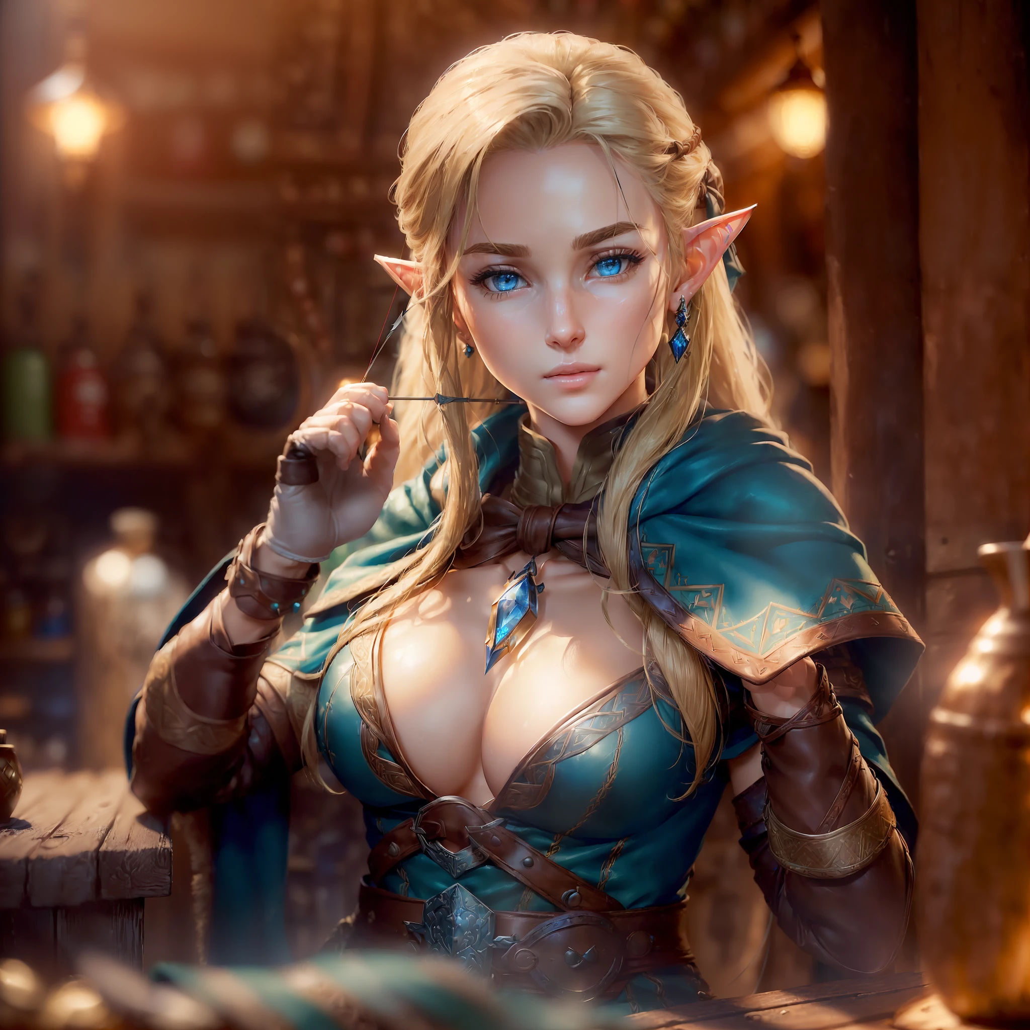 (skindentation:1.5), realistic, photorealistic, (masterpiece:1.5), concept art, intricate details, highly detailed, octane rendering, 8k, unrealistic mechanism, dynamic pose, best quality, high resolution, ((dramatic)), epic, depth of field, 8k, particles, (realistic face:1.1, hyperrealistic:1.1), ((1girl, close-up, big breasts, perfect eyes, detailed eyes, high quality eyes, perfect face, high quality face, bright skin:1.2,  bright face:1.2, embarrassed, blush:0.8, blue eyes)), server, rustic tavern interior in the background, jug, sign, jovial fantasy atmosphere, detailed background, blurry wooden bar table as foreground, ((elf, pointed ears, blonde hair, perfect hands))), ((archer, bow and arrow, extremely intricate cloak, leather armor, leather belt, boots, padded cloth, gloves,  bracelets, bow, quiver)) Angelina Jolie's reference face --auto --s2