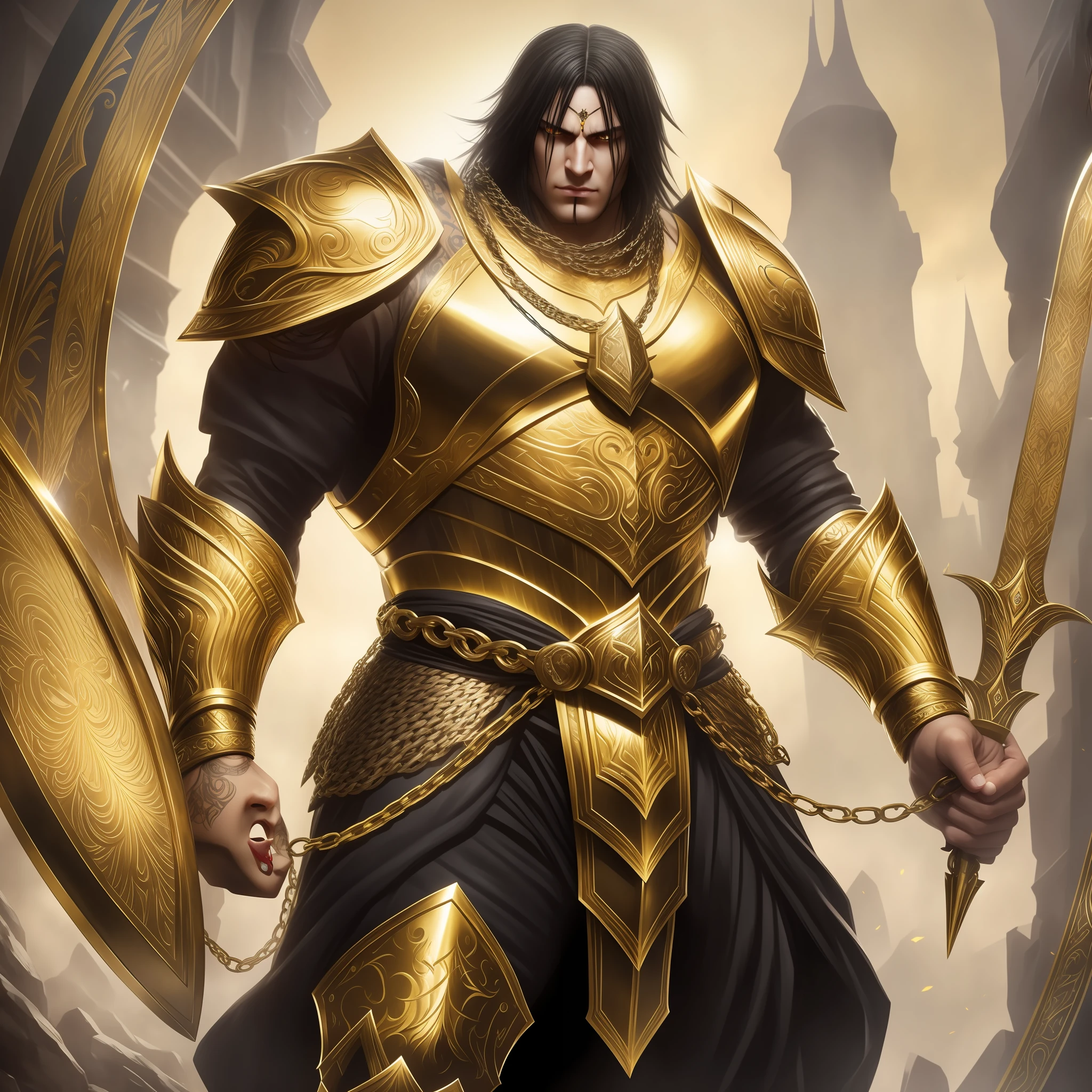 Create a younger face, cim long black hair, yellow eyes, a small scar on the cheek, a yellow tattoo of chains on the forehead, ultra realistic, fantasy