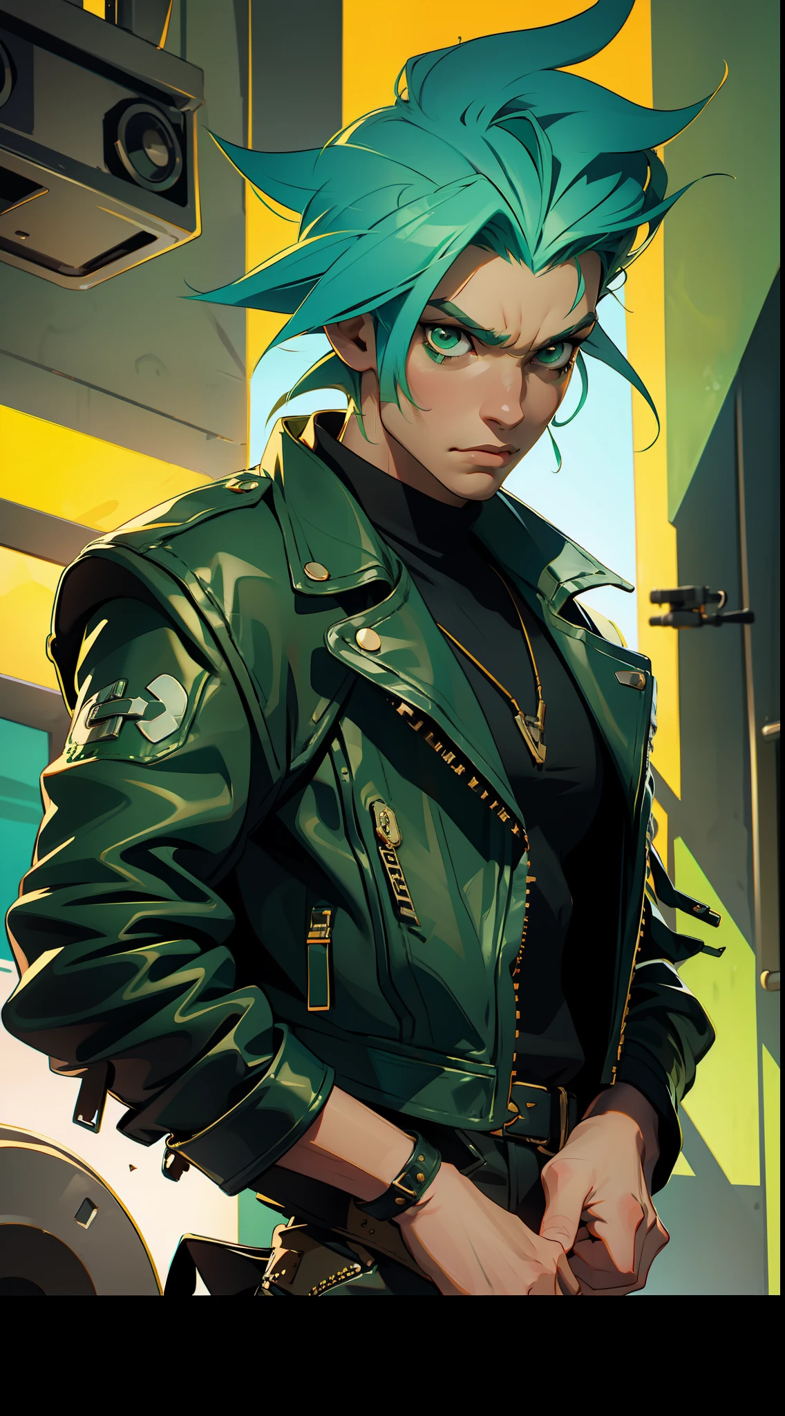 A rebellious rocker with green hair and a leather jacket, in the background a rock stage