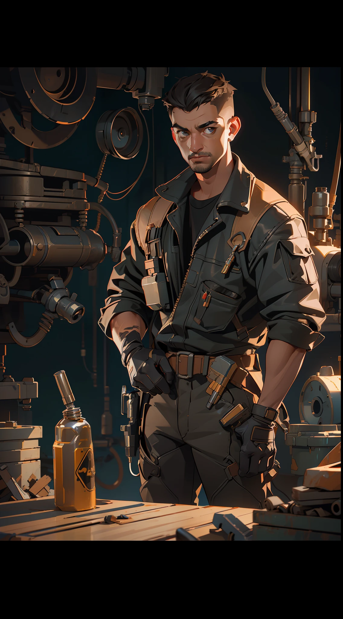 (high-quality CG illustration with rich details, best lighting and shadow, stylized yet realistic),(a skilled mechanic with short hair and oil-stained clothes), fixing a machine or a vehicle, mechanical parts, industrial and grungy background, metallic textures, wrenches, bolts and nuts, tools scattered around.