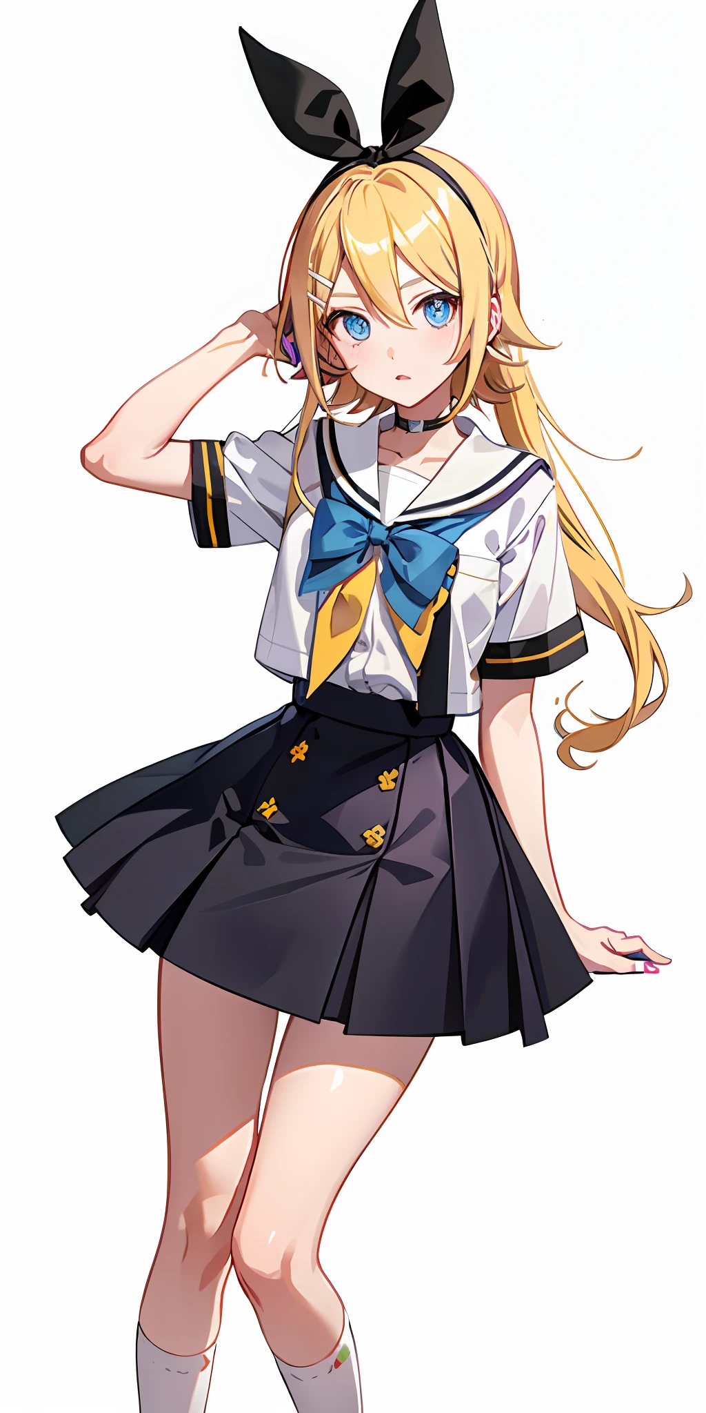 Kagamine rin, schoolgirl clothes, blonde hair, blue eyes, pink lips, long hair, white socks, choker with a blue bow, using cell phone