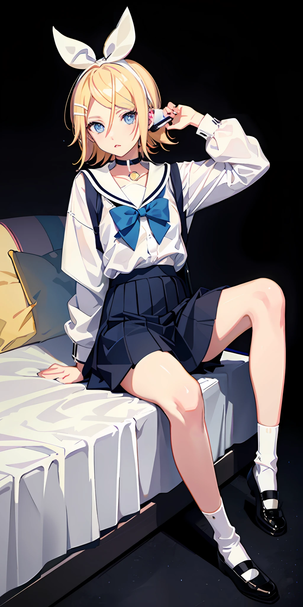 Kagamine rin, girl clothes, blonde hair, blue eyes, pink lips, long hair, white socks, choker with a blue bow, using cell phone