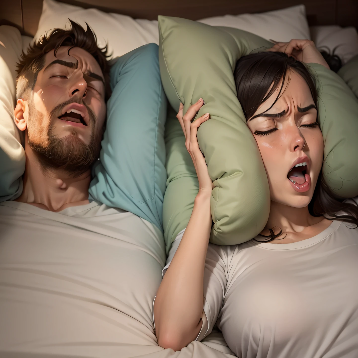 retro anime comic style, man snoring loudly while sleeping next to his stressed, angry wife. The wife, unable to stand the deafening noise, covers her ears with a pillow in a desperate attempt to find some relief. Explore the emotions and dynamics between the couple in this sleep deprivation scenario. Immerse yourself in your wife's frustration, anger, and exhaustion. --auto --s2