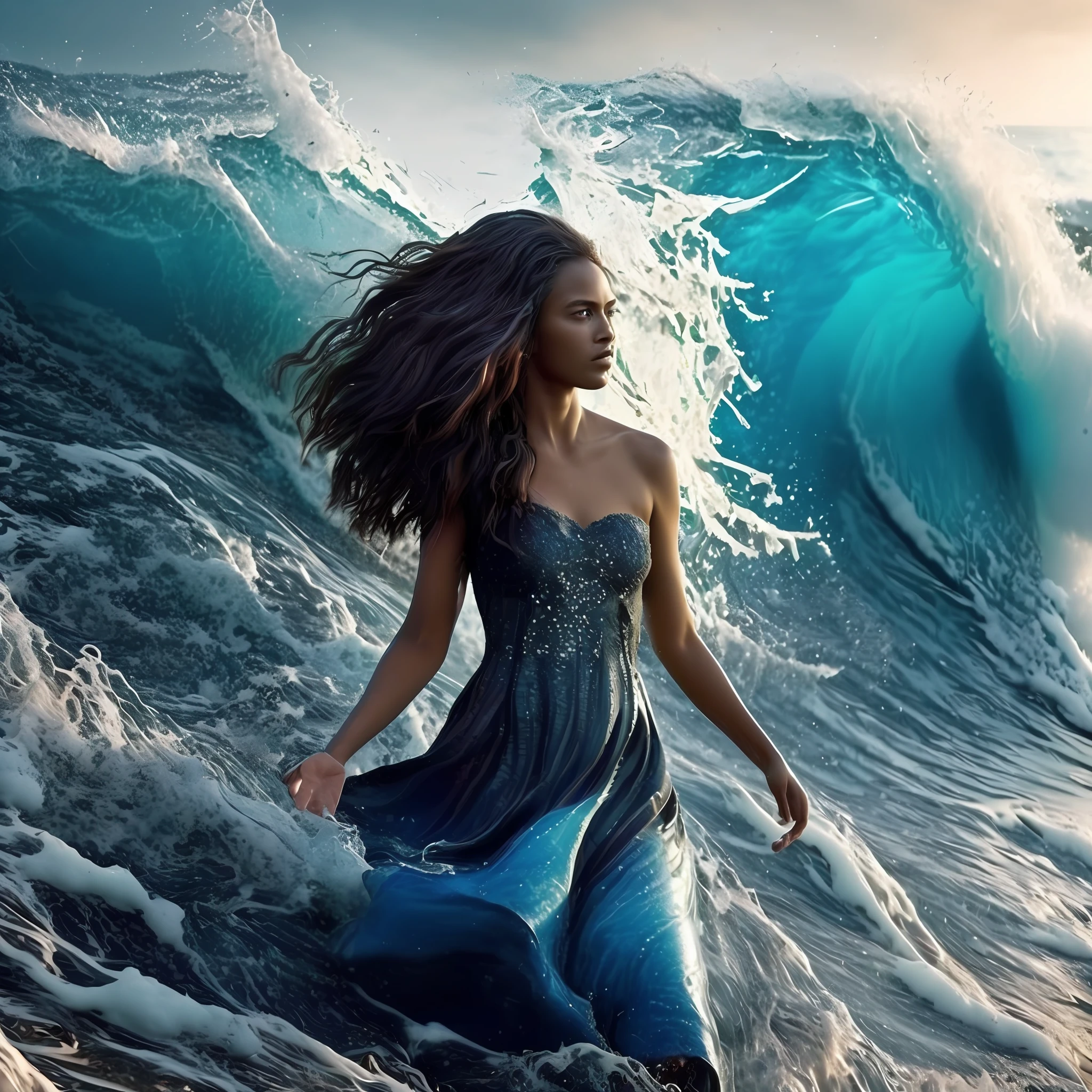 1 photo (LoneOcean:1) ,atlantis princess armor, lightbrown skin, brown skin,brunette, brunett skin, brazilian beach girl, apple is falling into the water, close up, water is splashing radially, centered, perfect composition, realistic epic, (close up), 1girl, floating blue_hair, wavy wavy black wavy hair, waving hair, wet wavy hair, wet skin