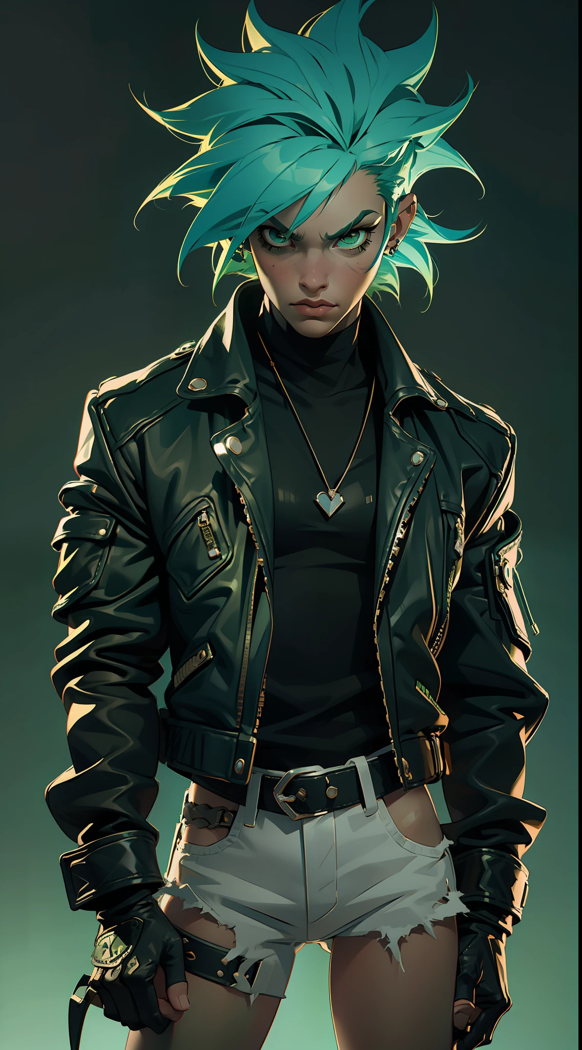 "((Best quality)), ultra-detailed realistic rendering with a rock and roll inspiration. An edgy and rebellious figure donning a green hair and leather jacket with a slim build. High contrast lighting and gritty feel bring an edgy vibe to the scene."