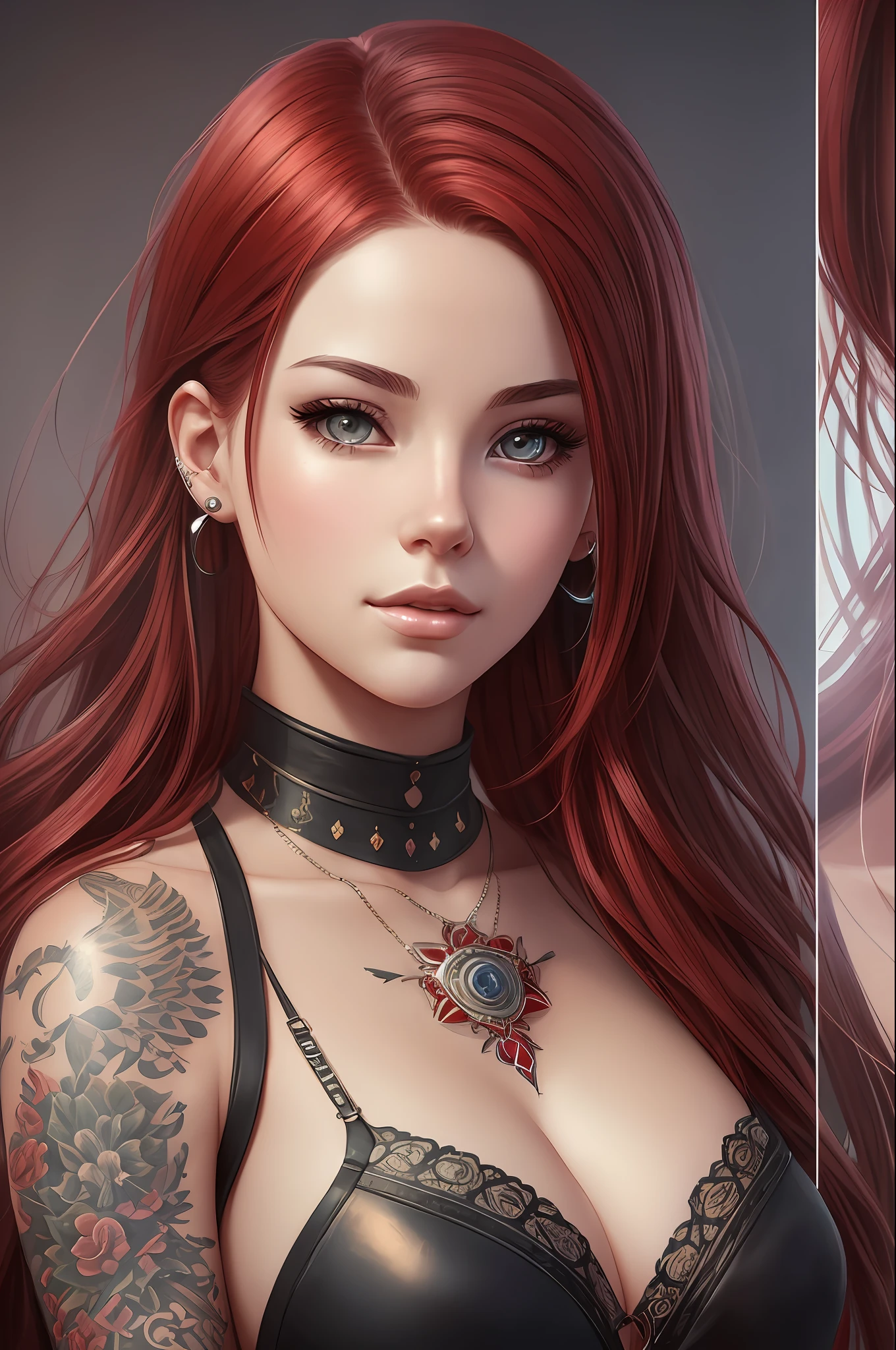 realistic girl with tattoos and piercings posing for a photo, straight red hair, hair with many details, beautiful sensual neckline, 25 years, large breasts, 8k artgerm bokeh, fanart best artstation, render photorealistic girl, art in the style of guweiz, inspired by WLOP, ig model | artgerm, detailed portrait of realistic girl, stunning portrait of realistic face, beautiful portrait, deviantart artstation cgscosiety --auto --s2