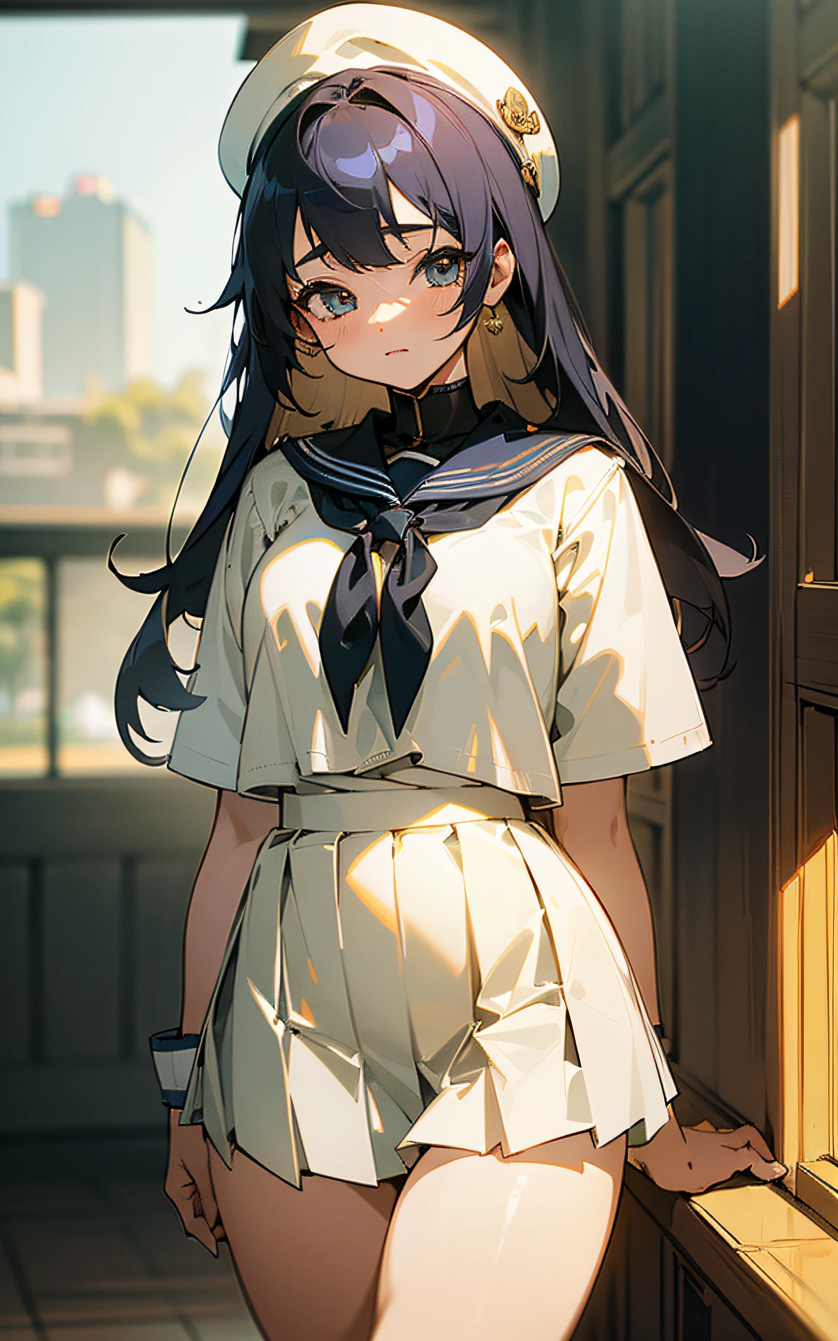(Original Character、Unity 16K Wallpaper, Masterpiece, Best Quality, Ultra-Detailed, Extremely Detailed CG, Caustics, Cinematic Lighting, Detailed, Beautiful Detailed Eyes, NSFW:1.8, solo、oily skin、yers old), Ultra High Resolution, fine skin, (cute: 1.2,high school uniform、sailor suit、pleated skirt), (strong light)、((thick outline、black outline、brighten the subject))、