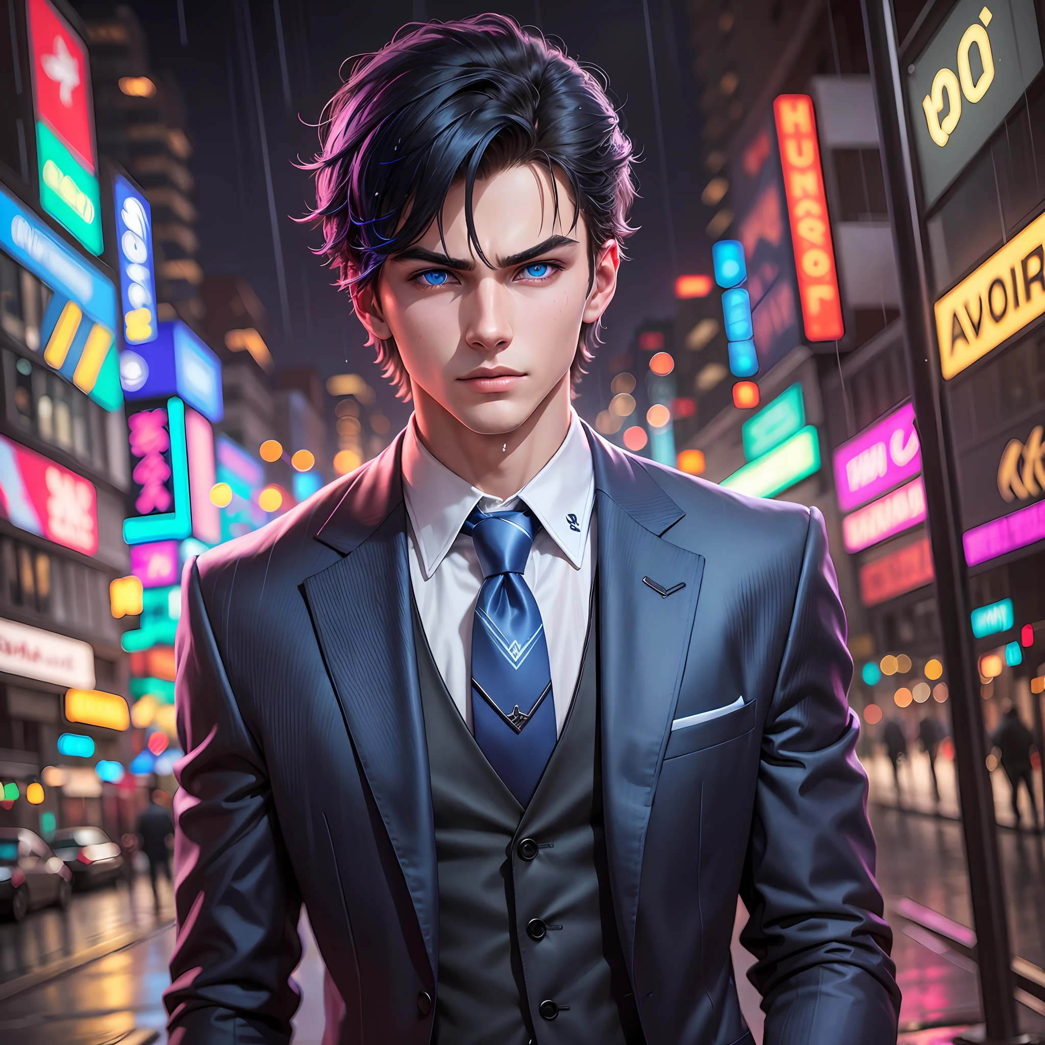 A handsome boy in a suit stands on the street, 1boy, surrounded by colorful neon lights, pouring rain, perfect face, sword eyebrows, blue eyes, side face, ruthless, sharp eyes, domineering, upper body --auto --s2