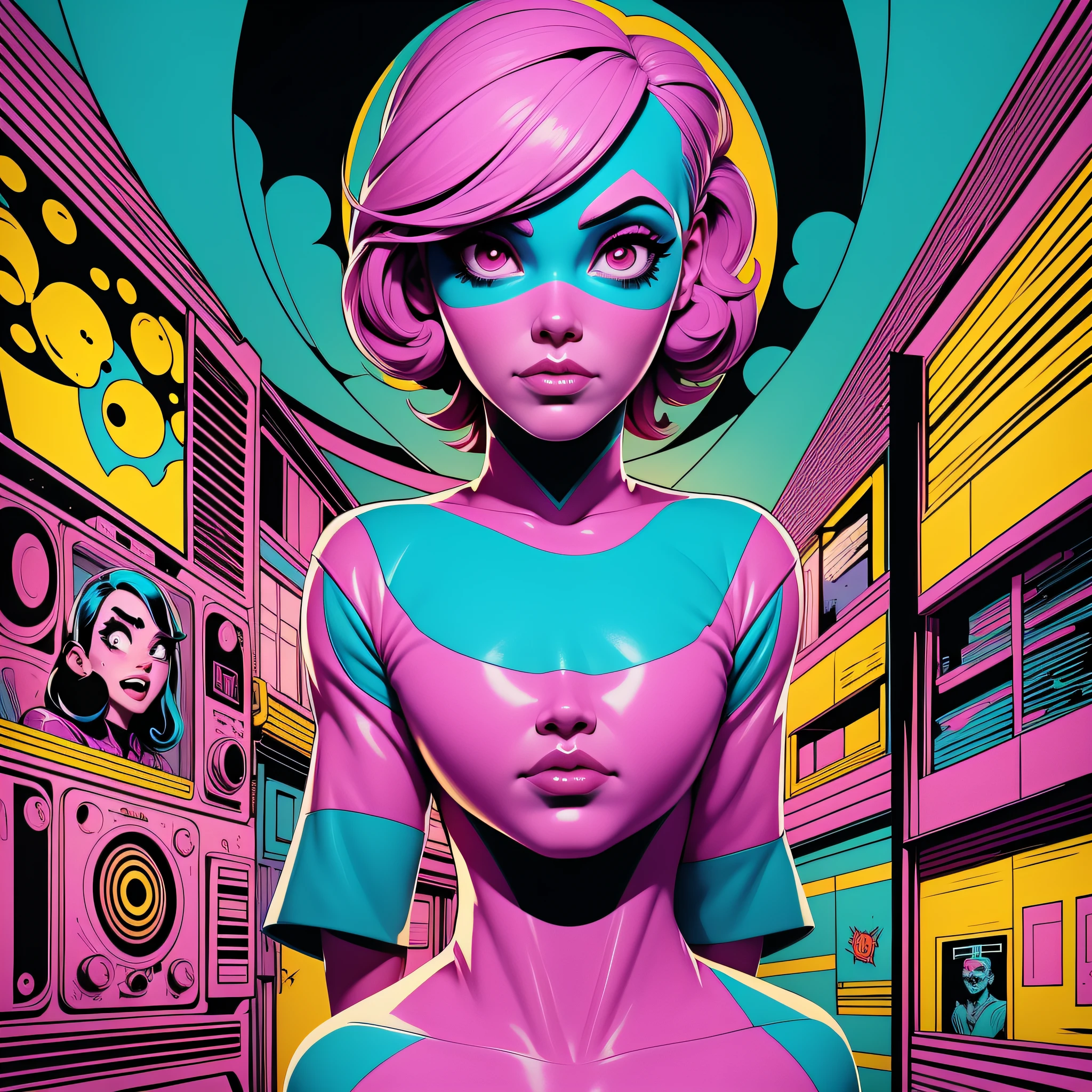 A draw of a men and a women scared, ufo in background, in the style of pop art - inspired comic book drawing style, 70s horror film, vibrant colors tropical scenes, vintage, horror comics