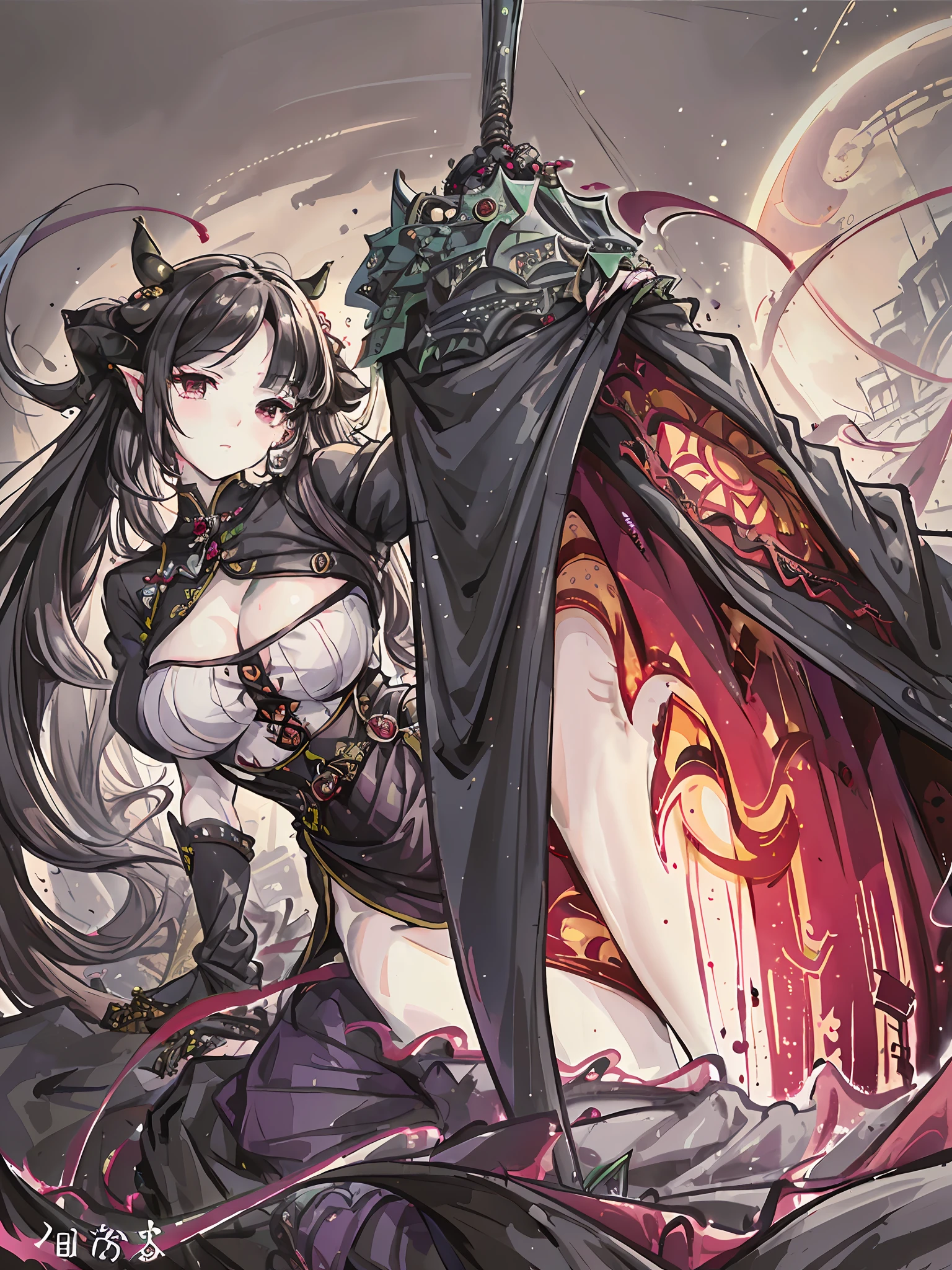 (Masterpiece, Highest Quality, Best Quality, Official Art, Aesthetics :1.2), (A curvy Girl :1.3, (wide waist:1.2)), (Fractal Art :1.3), Deathlight, succubus, blood Moon, Clothes with Absurd Details, Vortex,