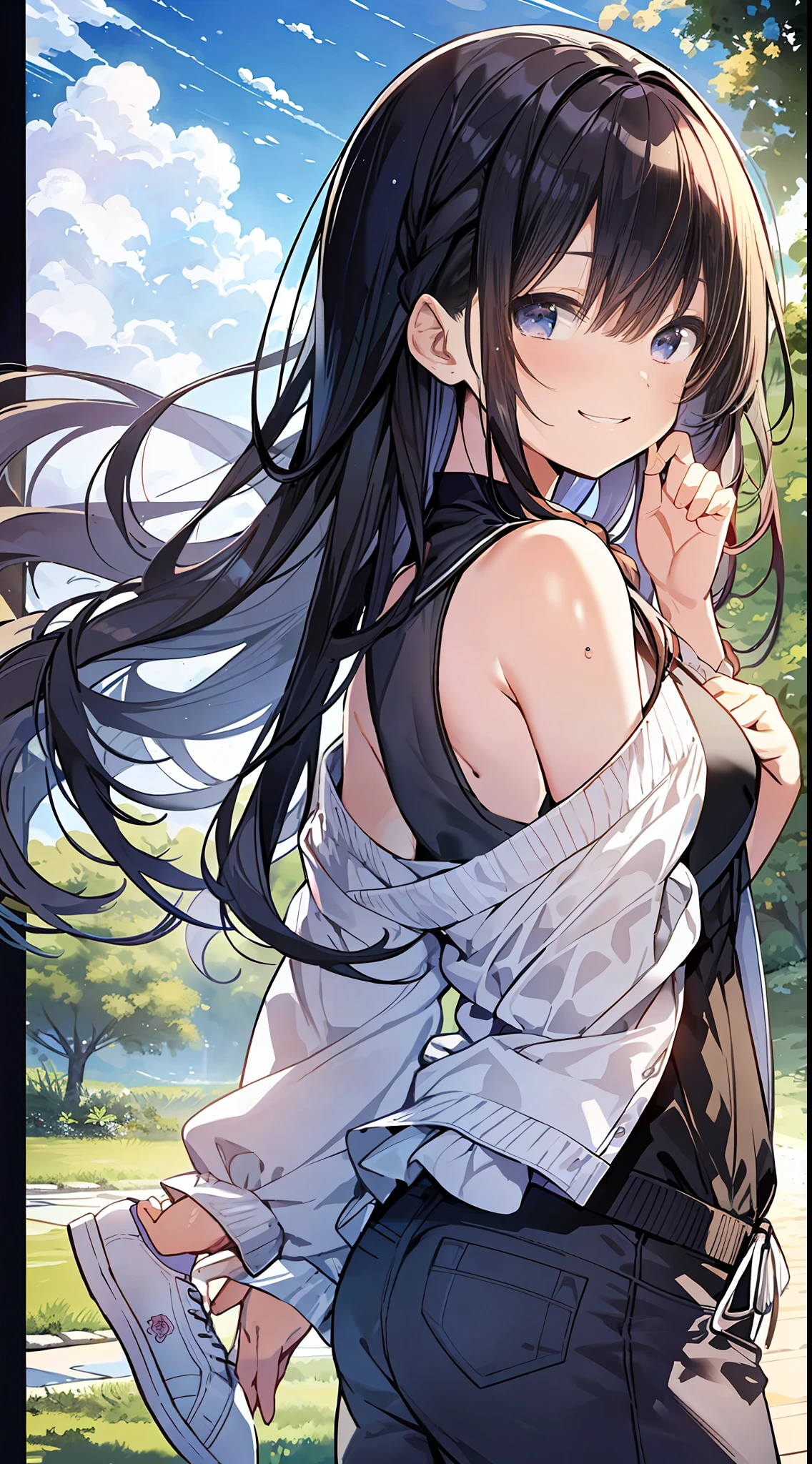 Top Quality, Masterpiece, Ultra High Definition, 8K, Summer Sky, Early Summer, (Pants, Sheer Cardigan, Sneakers), Shojo Manga Style , One, Soft Line Art, Digital Enhancement, Shoujo Manga Touch, Shojo Manga Core, Flowing Fabric, Close Up, (Shoulder Length and Short Braid)), Wet Hair, Soft Drawing, Beautiful Black Hair, Clear Eyes, ((Teasing smile)) , Ultra-detailed digital anime art, clear face depiction, ultra-detailed shoujo manga character art, clear facial features, ultra-detailed manga style, top quality colors, hand gestures, landscape with nature, looking up at the sky, angle to see up to your feet, jump