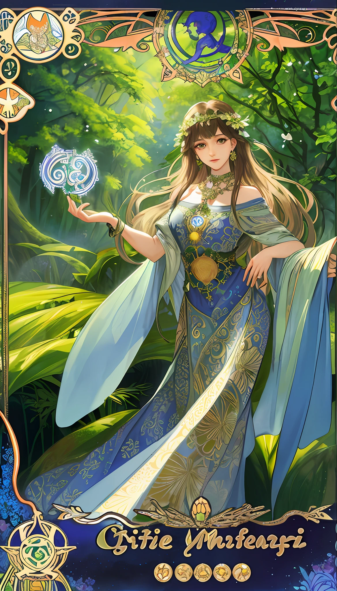 masterpiece, best quality, Alphonse Mucha, art nouveau,
(tarot card style:1.3), unique tarot card framework incorporating floral and greenery elements,
blunt bangs, black straight long hair, looking at viewer,
Amidst a verdant garden, a mystical maiden in a blossoming gown dances with ethereal creatures, bathed in sunlight that illuminates flourishing flora and ancient tarot symbols,
roses, lilies, cherry blossoms, irises, foliage, moss, and vines, elegant dresses inspired by nature, accessories including flower and leaf-designed necklaces, earrings, rings, bracelets, hair ornaments, butterflies, birds, bees, tarot symbols reimagined with floral and greenery designs, goddesses, natural backgrounds like gardens, forests, lakesides, effective use of light and shadow,
realistic, hyper realistic lifelike 3d, zentangle,