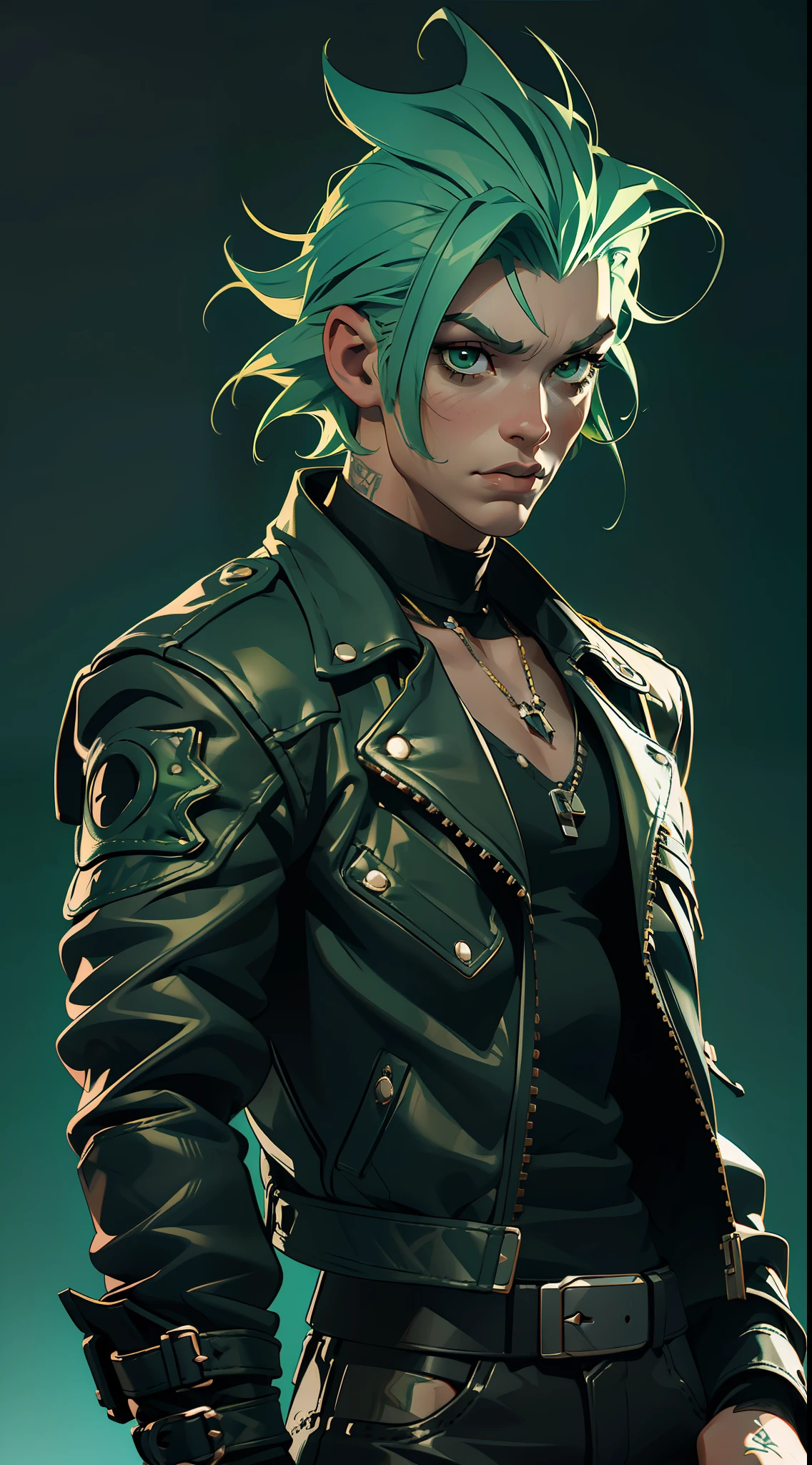 "((Best quality)), ultra-detailed realistic rendering with a rock and roll inspiration. An edgy and rebellious figure donning a green hair and leather jacket with a slim build. High contrast lighting and gritty feel bring an edgy vibe to the scene."