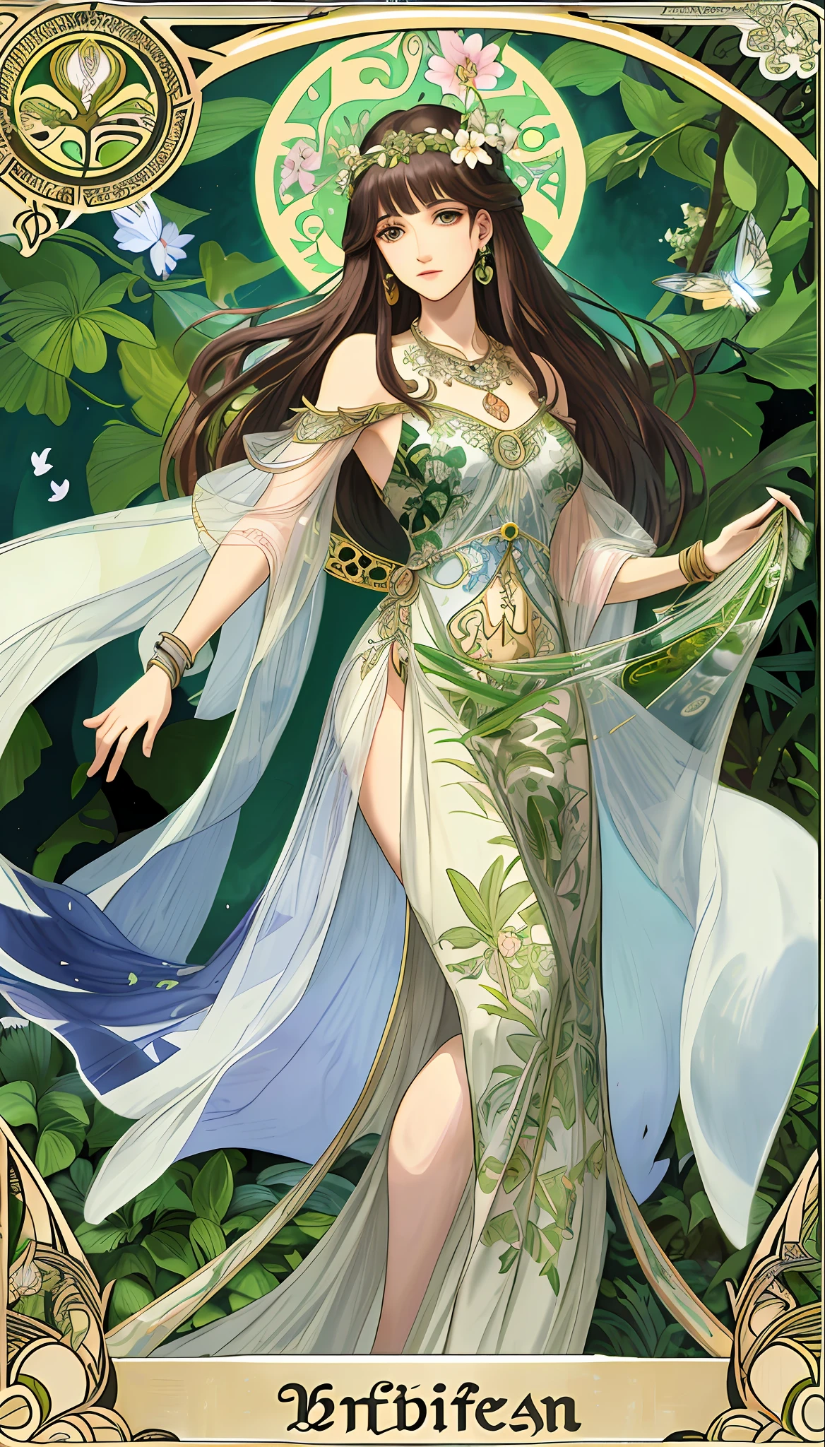masterpiece, best quality, Alphonse Mucha, art nouveau,
(tarot card style:1.3), unique tarot card framework incorporating floral and greenery elements,
blunt bangs, black straight long hair, looking at viewer,
Amidst a verdant garden, a mystical maiden in a blossoming gown dances with ethereal creatures, bathed in sunlight that illuminates flourishing flora and ancient tarot symbols,
roses, lilies, cherry blossoms, irises, foliage, moss, and vines, elegant dresses inspired by nature, accessories including flower and leaf-designed necklaces, earrings, rings, bracelets, hair ornaments, butterflies, birds, bees, tarot symbols reimagined with floral and greenery designs, goddesses, natural backgrounds like gardens, forests, lakesides, effective use of light and shadow,
realistic, hyper realistic lifelike 3d, zentangle,