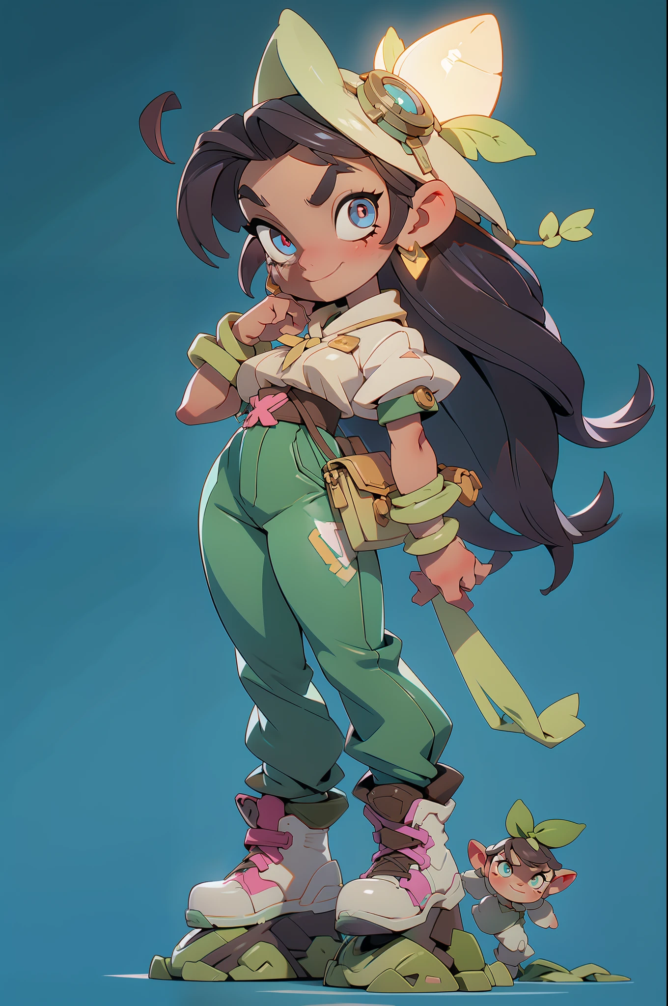 A cute woman with a machine gun in her hand, mischievous eyes, full body, clear facial features, amazing facial features, ethnic style, technology, gorgeous clothes, intricate design, boots, grass, stones, game models, stunning lighting, C4D, OC rendering, cinematic edge light, fine light, masterpiece, super detail, epic composition, ultra HD, high quality, 32k