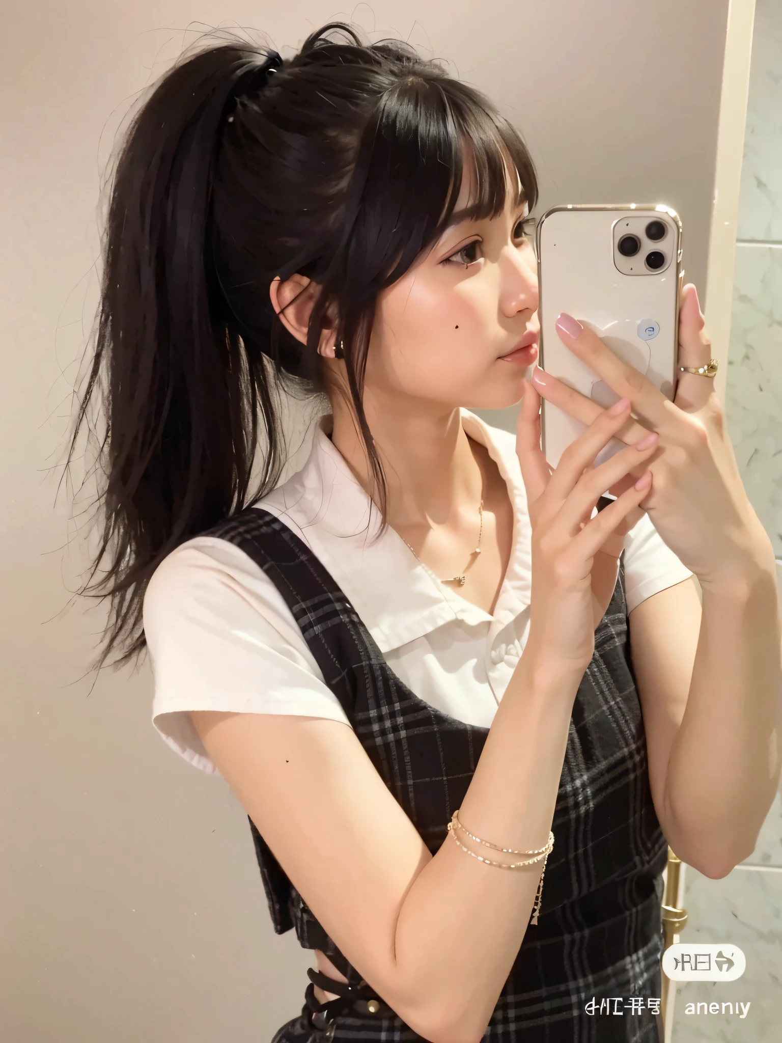 There is a woman taking a selfie in the mirror, Urzan, she has black hair, bangs, Bai Ji cut hairstyle, black ponytail hair, ponytail black hair, long black hair bangs, long black hair tied into ponytail, 19 years old girl, photo of slim girl, Rena noun style 3/4, hair black bangs, ponytail hair volume is more fluffy, ponytail length remains unchanged