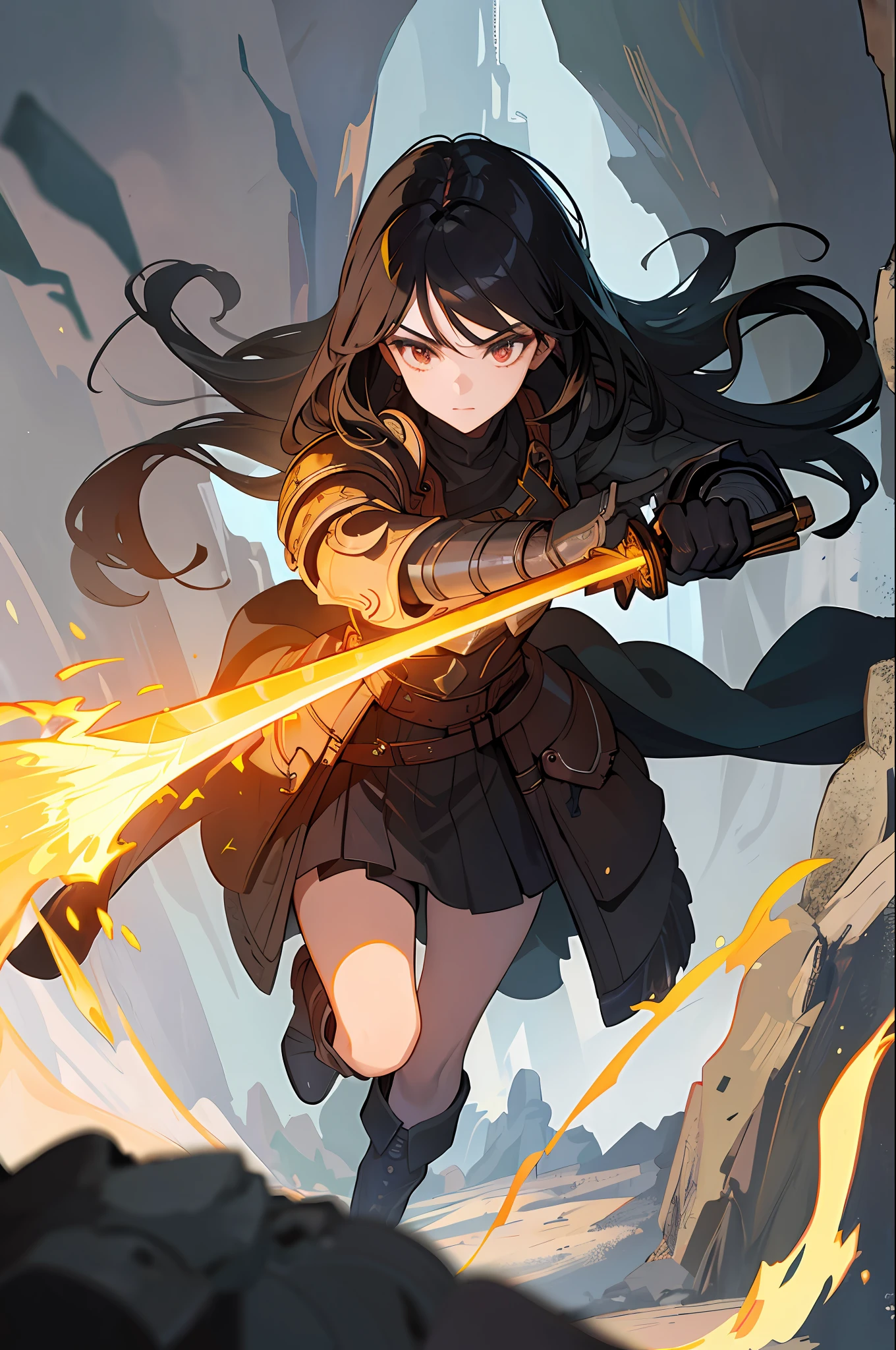 (masterpiece, best quality),1girl with long black hair holding a steel sword inside a cave, helmet, armor, boots, glove, torch, perspective, flash point, dark, stones, naturalism, realism, fantasy, perspective, fog, fog, capricious, adventurous