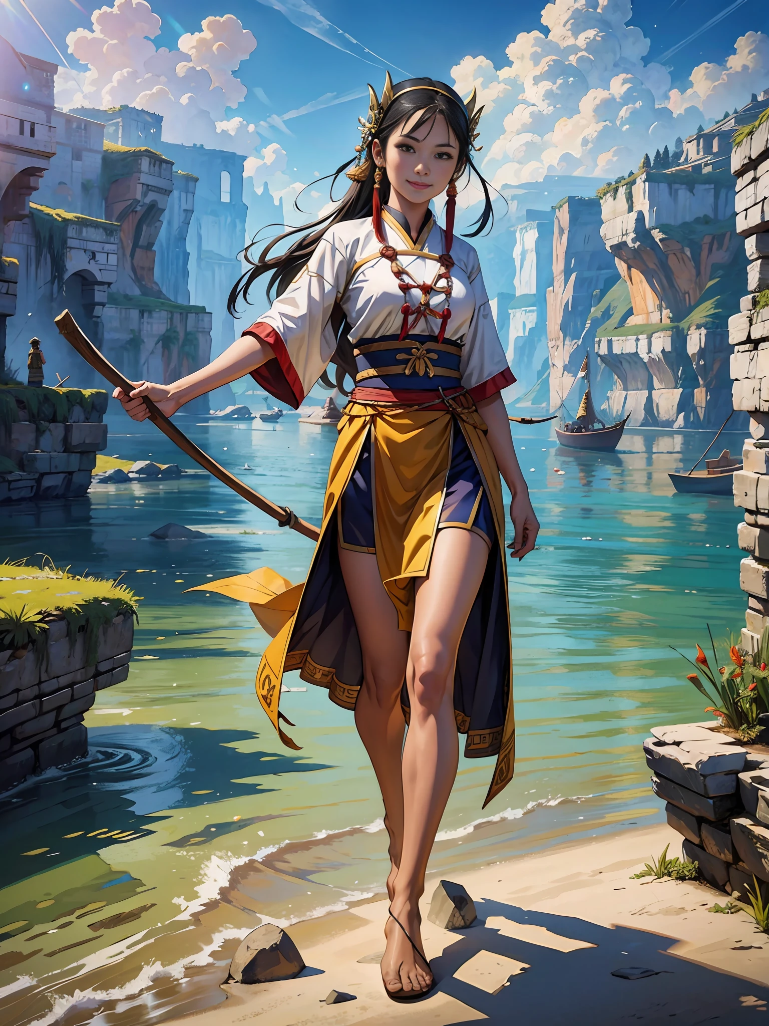 A girl, ancient miao costume, full body, solo, straight-on, standing on boat, leveling very long stick, light smile, barefoot, on boat, canyon, masterpiece, best quality, highres, super detail, epic composition, ultra HD, high quality, extremely detailed, official art, 32k