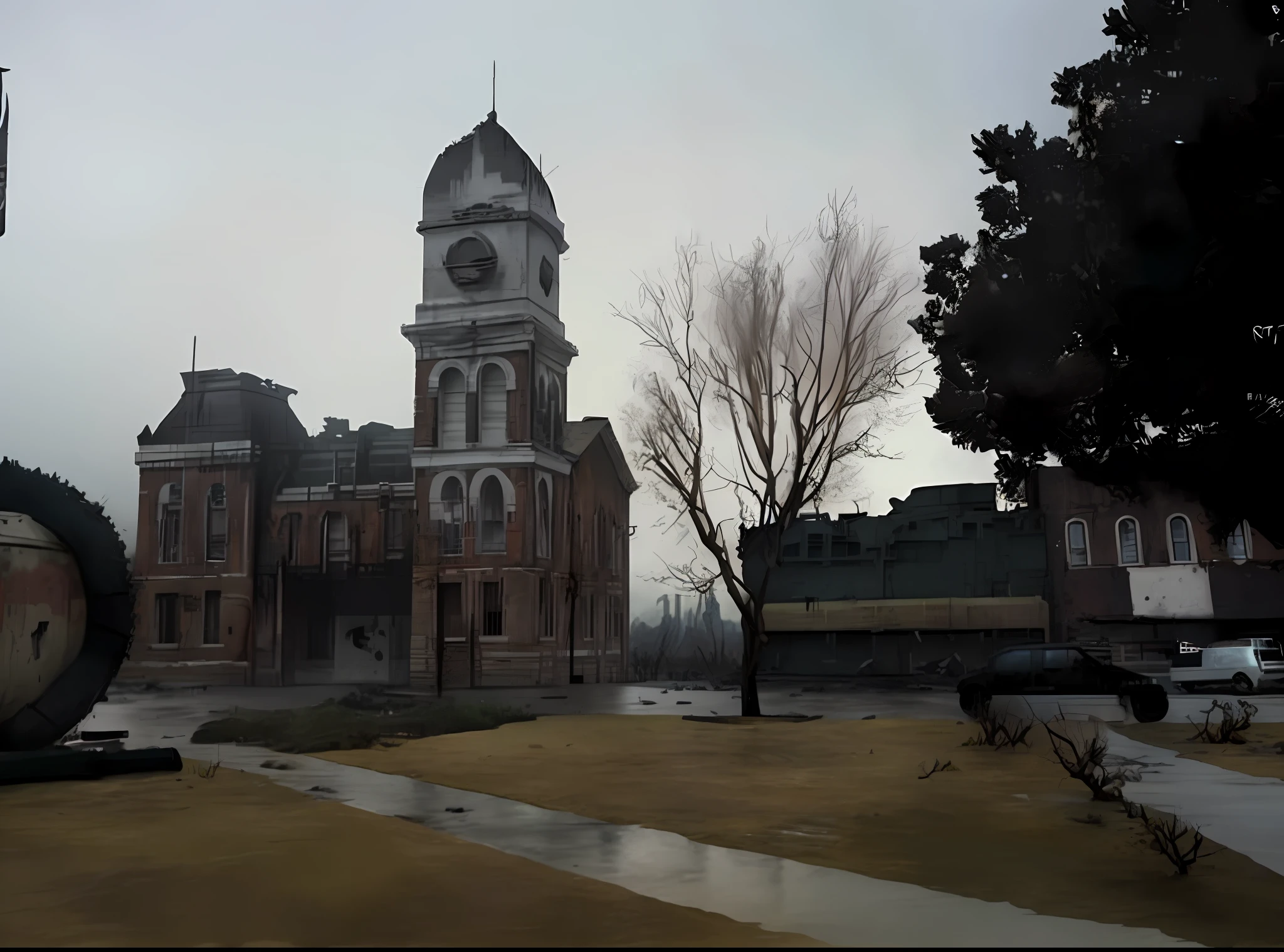 Turn the real scenario into a post-apocalyptic RPG image, abandoned in flames, with multiple angles of scenery, thunderous and frightening rains, dark environment with the full moon, and all in ultra 8k definition.