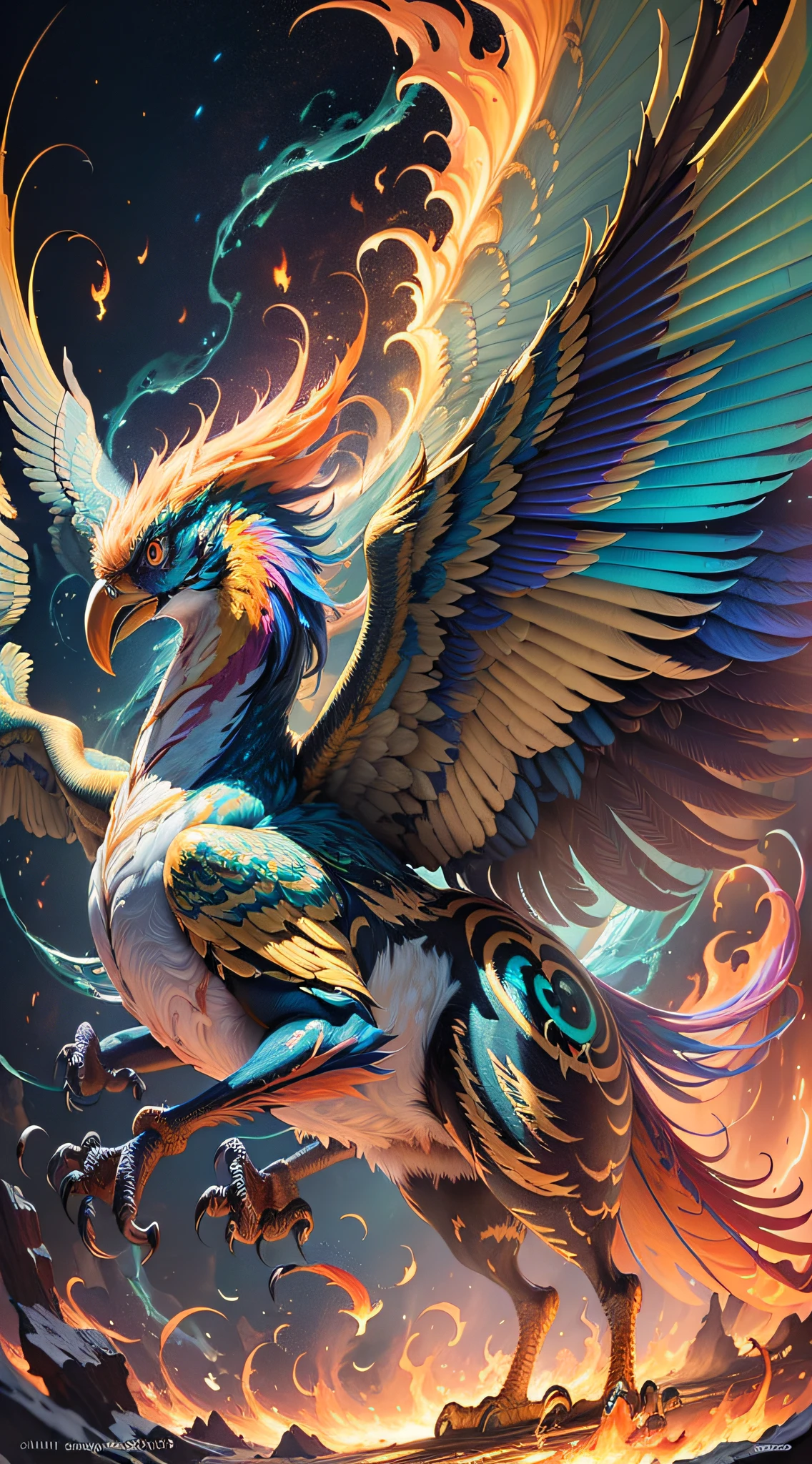 ((highest quality)), ((masterpiece)), ((ultra-real)), (((surreal fantasy style)), beautifully intricate and detailed soft oil painting by Jim Lee, cinematic golden light, (highly detailed CG illustration), 10K, intricate detail, mythical bird of prey, facing the viewer, amazingly beautiful and powerful giant phoenix gushing out of the ashes, Awe-inspiring legendary Firebird, (vivid rainbow flames, colorful conglomerates, swirling hell everywhere), symmetrical flame wings in vast expanse, ultra-detailed feathers, razor-sharp claws, unparalleled magical energy, soft edge lighting, (flight)), professional, soft volumetric lighting, depth of field, film grain, smooth, roughness, real life, Warm and vibrant color palette, beak opening, glittering flames --auto --s2