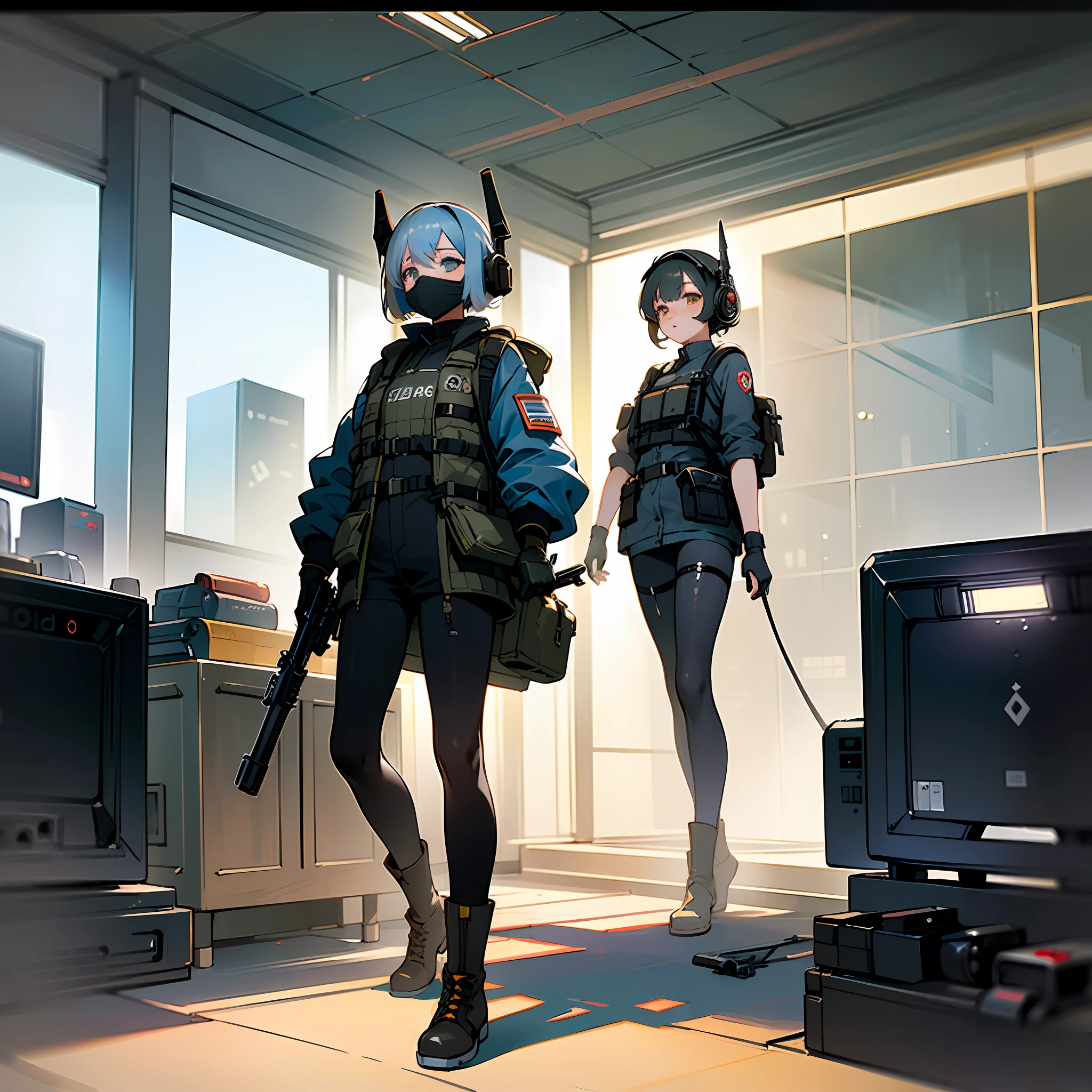 ((high quality)), ((masterpiece)), 8k, 2girls, bulletproof vest, rays of light, 8k wallpaper of extremely detailed CG unit, cg game, looking at the viewer, gloves, boots, full body, watch, computer, mask, drone, holding gun, headphones, jacket, purse, backpack, studio light, mechanical parts