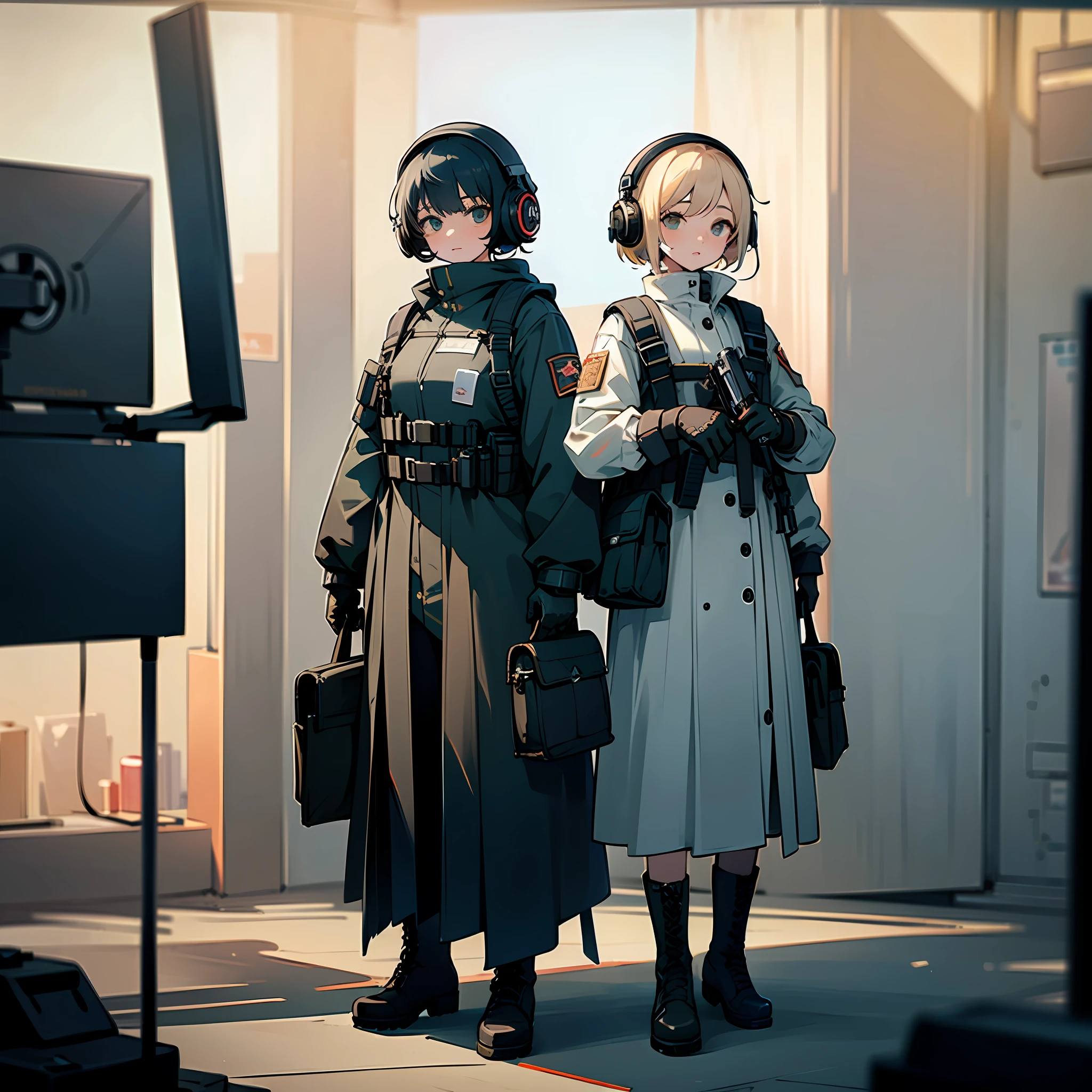 ((high quality)), ((masterpiece)), 8k, 2girls, bulletproof vest, rays of light, 8k wallpaper of extremely detailed CG unit, cg game, looking at the viewer, gloves, boots, full body, watch, computer, mask, drone, holding gun, headphones, jacket, purse, backpack, studio light, mechanical parts
