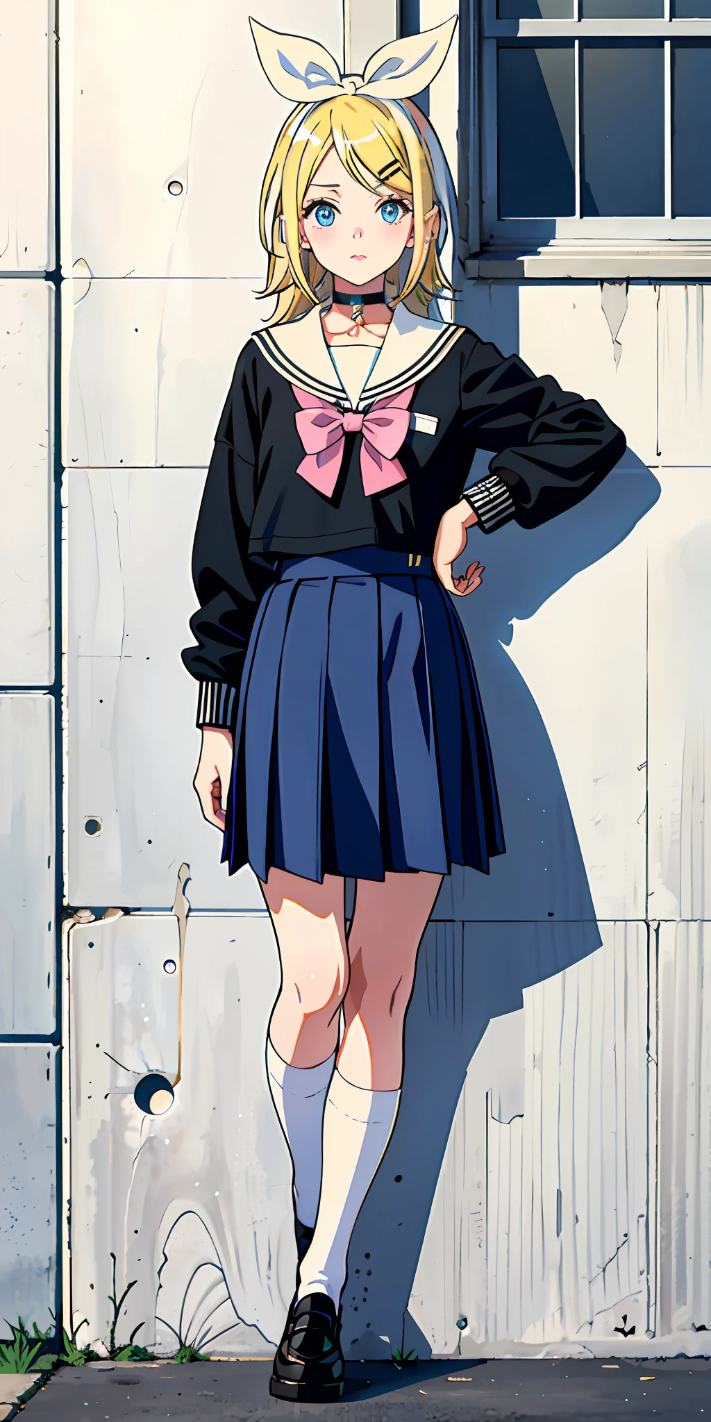 Kagamine rin, schoolgirl clothes, blonde hair, blue eyes, pink lips, long hair, white socks, choker with a blue bow, using cell phone