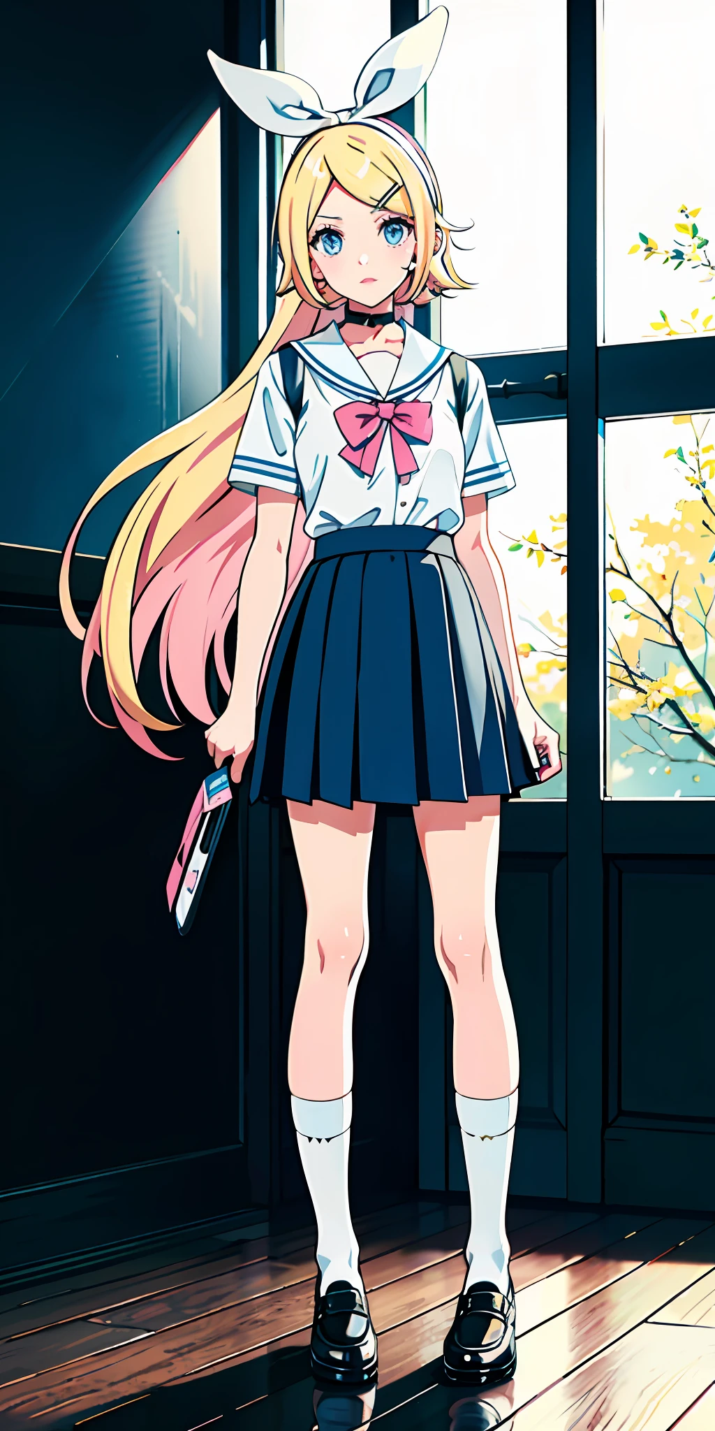 Kagamine rin, schoolgirl clothes, blonde hair, blue eyes, pink lips, long hair, white socks, choker with a blue bow, using cell phone