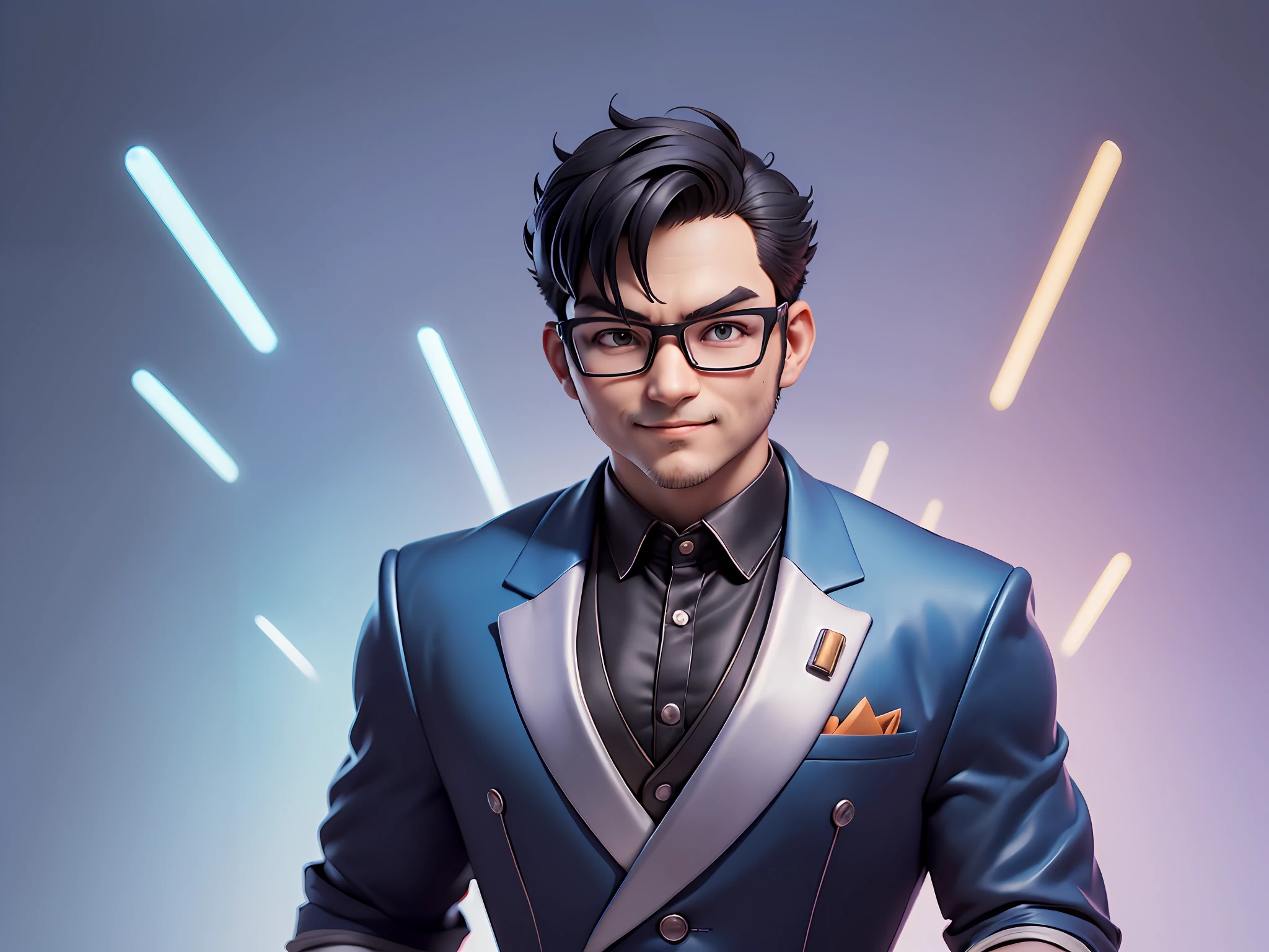(((Masterpiece), (Excellent), (Super Meticulous), (Full Body: 1.2), Super Young Man, Oriental Face, Japanese Wind and Thunder God, Dragon, Tiger, TV Anchor, Bust Portrait Illustration, Alone, Black Formal Suit, Blue Tie, Slightly Chubby Face, Silver Glasses Face Very Clean No Beard, Black Super Short Hair, Black Eyes, Confident Smile, 3c Computer Sub-Products, iPad, iPhone, Digital Painting, 3D Character Design by Akira Toriyama and Mark Claireden and Pixar and Hayao Miyazaki, The illustration is a high-definition illustration in 4K resolution with very detailed facial features and cartoon-style visuals.