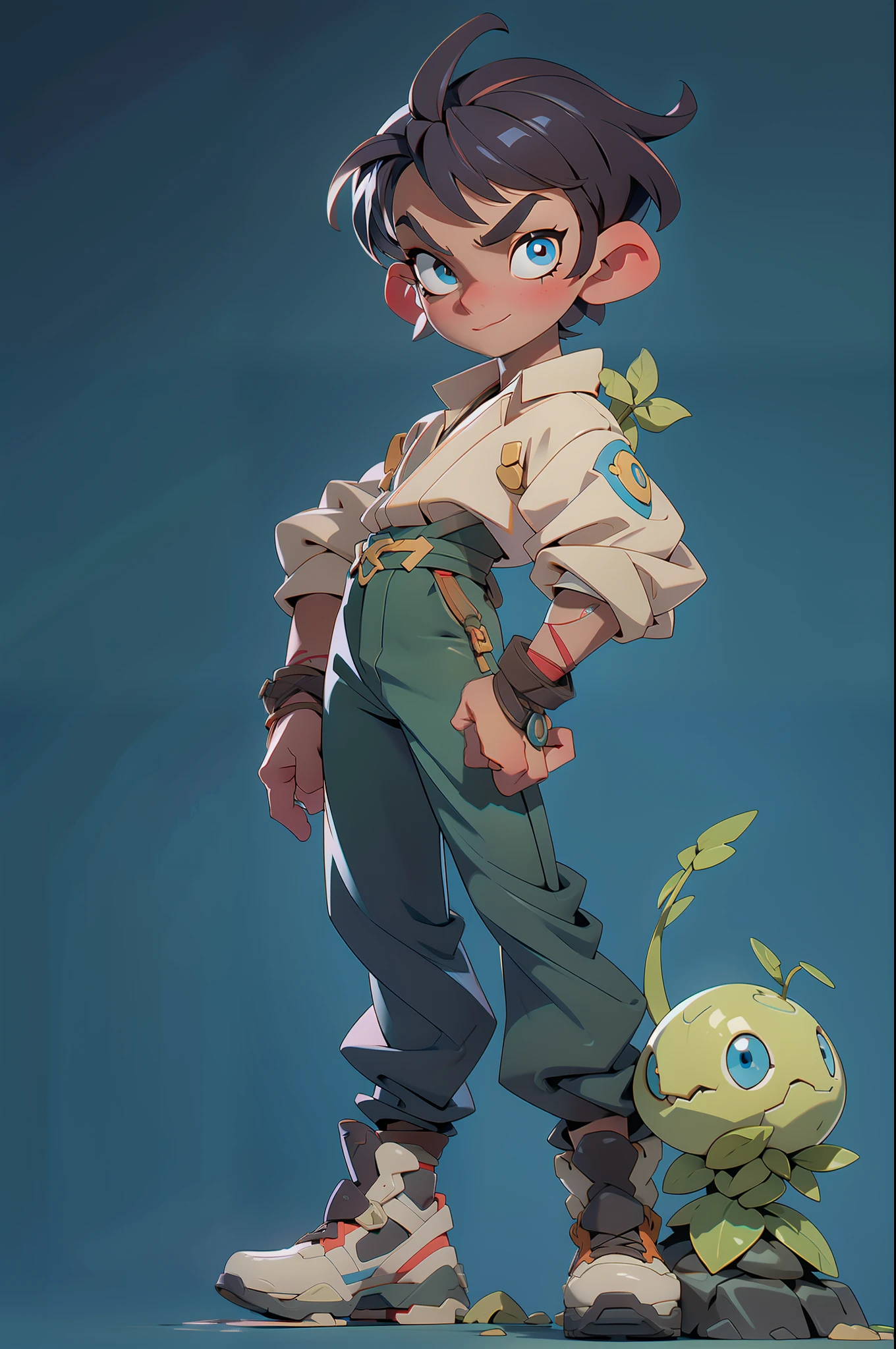 A handsome boy with a machine gun in his hand, mischievous eyes, full body, clear facial features, amazing facial features, ethnic style, technology, gorgeous clothes, intricate design, boots, grass, stones, game models, stunning lighting, C4D, OC rendering, cinematic edge light, fine light, masterpiece, super detail, epic composition, ultra HD, high quality, 32k