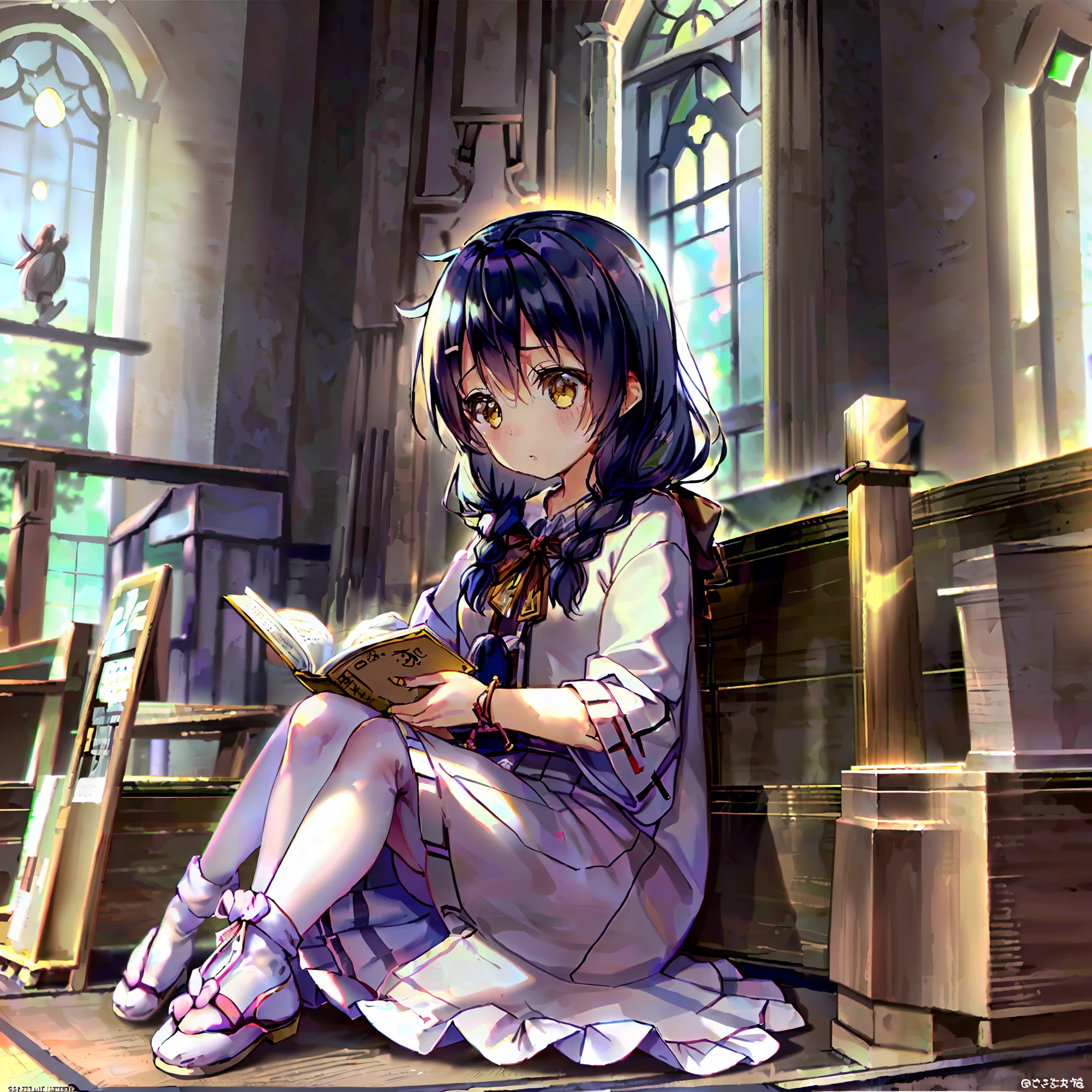 Cute Japanese girl, 8 years old, anime style, reading the Bible, inside the church