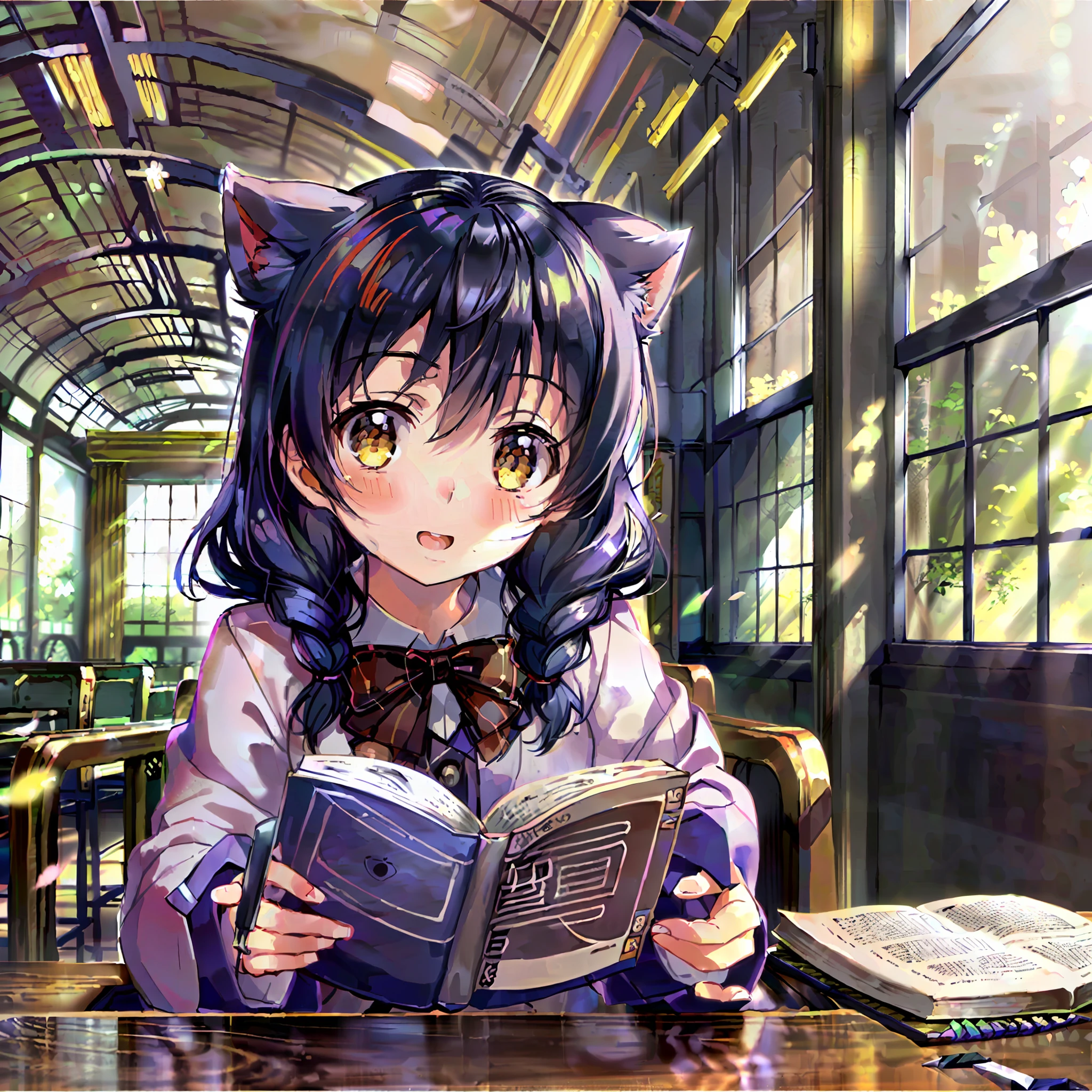 Cute Japanese girl, 8 , anime style, reading the Bible, inside the church
