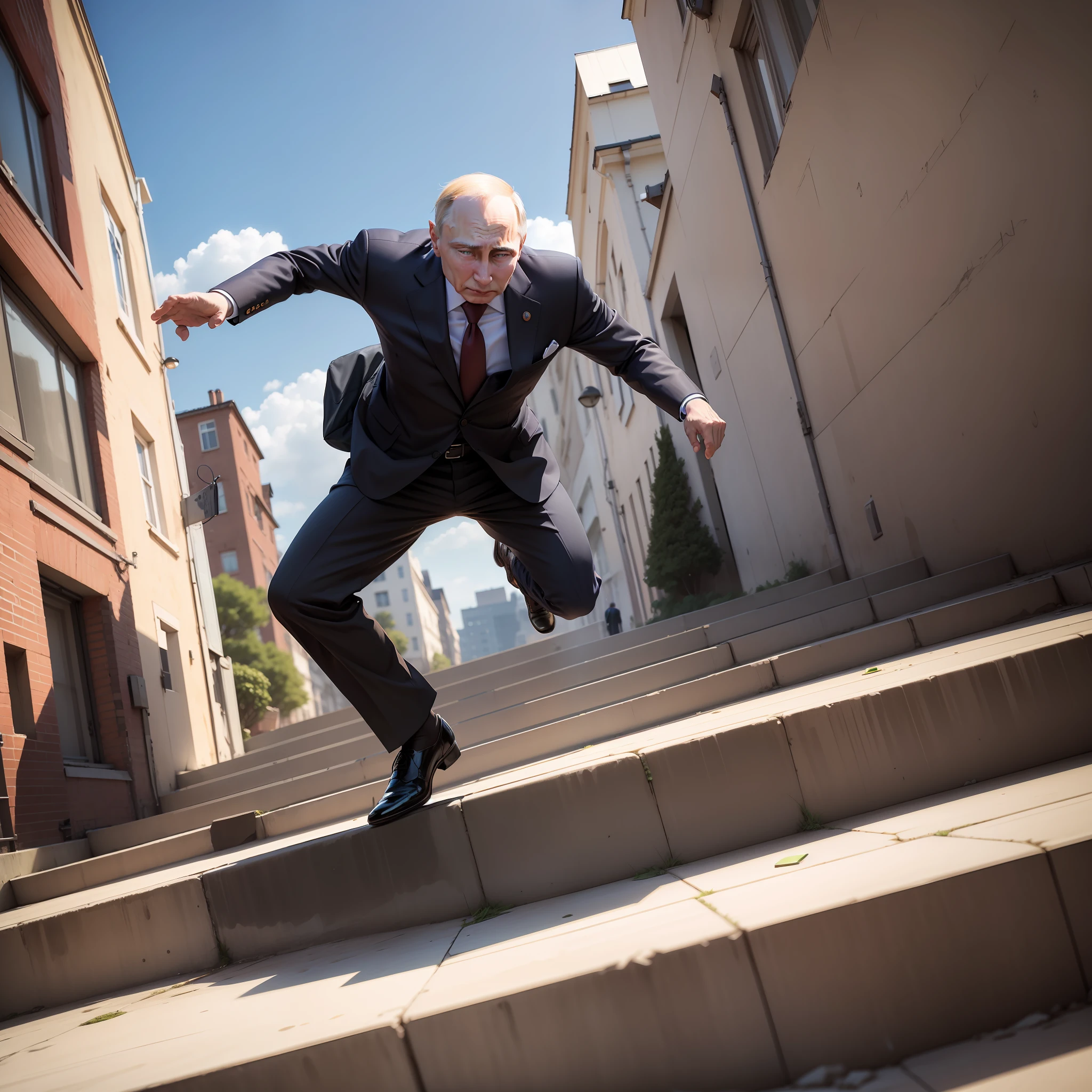 Putin wore a suit and fell down a high step with his head up