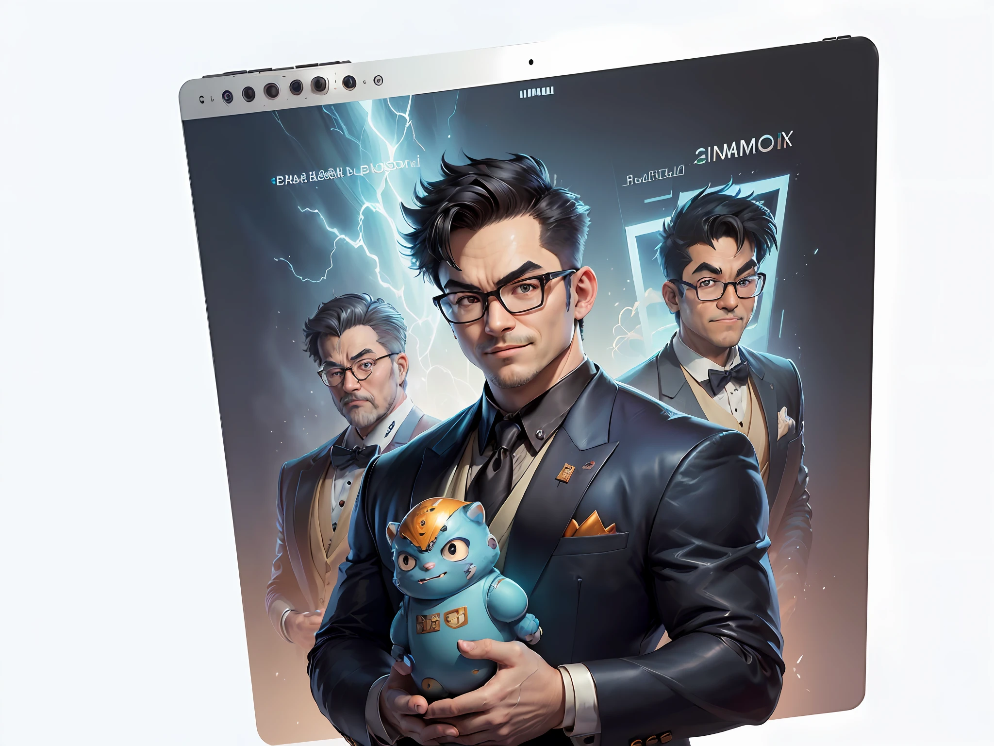 (((Masterpiece), (Excellent), (Super Meticulous), (Full Body: 1.2), Super Young Man, Oriental Face, Japanese Wind and Thunder God, Dragon, Tiger, TV Anchor, Bust Portrait Illustration, Alone, Black Formal Suit, Blue Tie, Slightly Chubby Face, Silver Glasses Face Very Clean No Beard, Black Super Short Hair, Black Eyes, Confident Smile, 3c Computer Sub-Products, iPad, iPhone, Digital Painting, 3D Character Design by Akira Toriyama and Mark Claireden and Pixar and Hayao Miyazaki, The illustration is a high-definition illustration in 4K resolution with very detailed facial features and cartoon-style visuals.