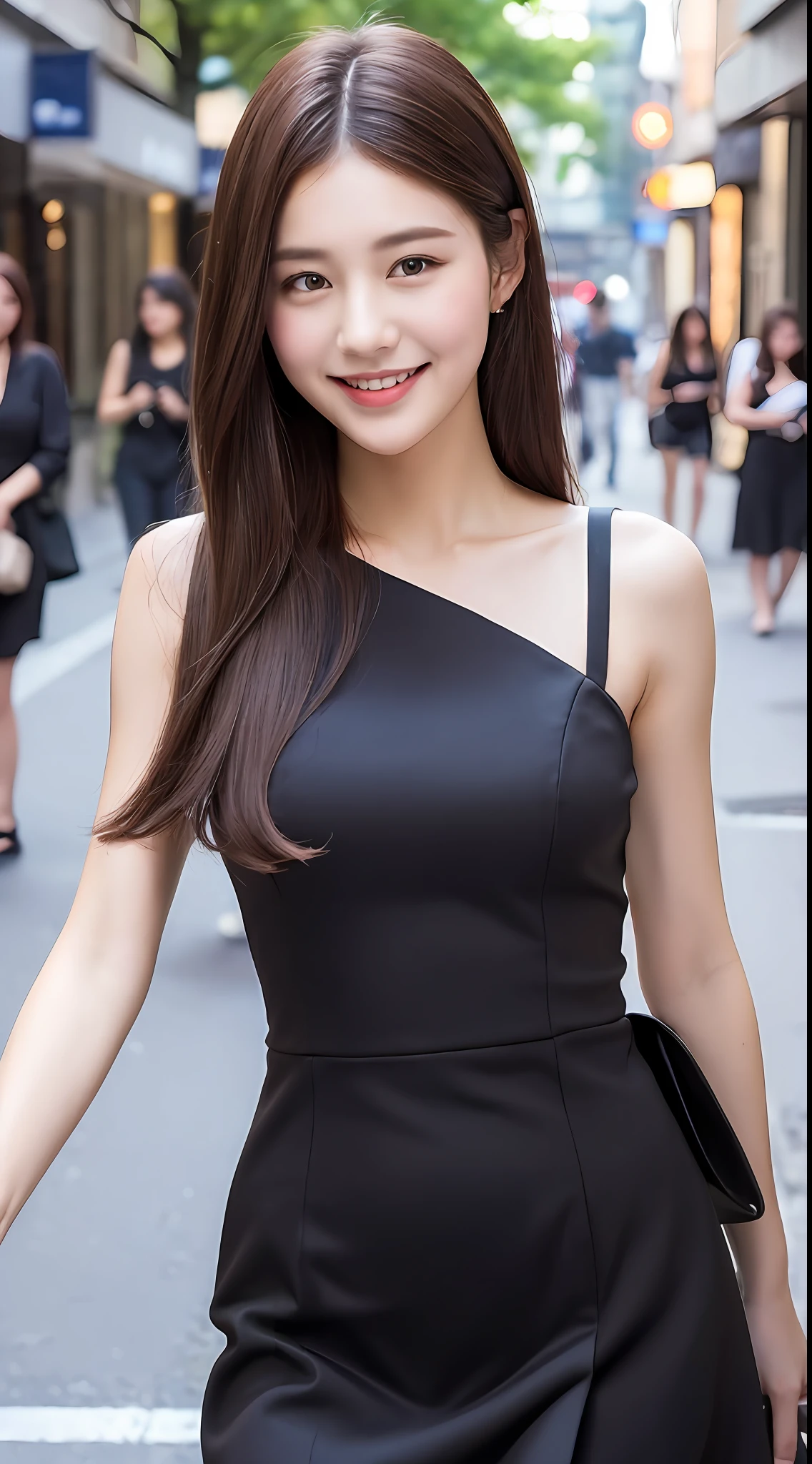 ((Best quality, 8k, Masterpiece :1.3)), 1girl, smiling, full body, slim face, Pretty woman, (Dark brown hair), full length dress :1.1, Ultra-detailed face, Detailed eyes, Double eyelid, blur background, slim face, city, outside, street,