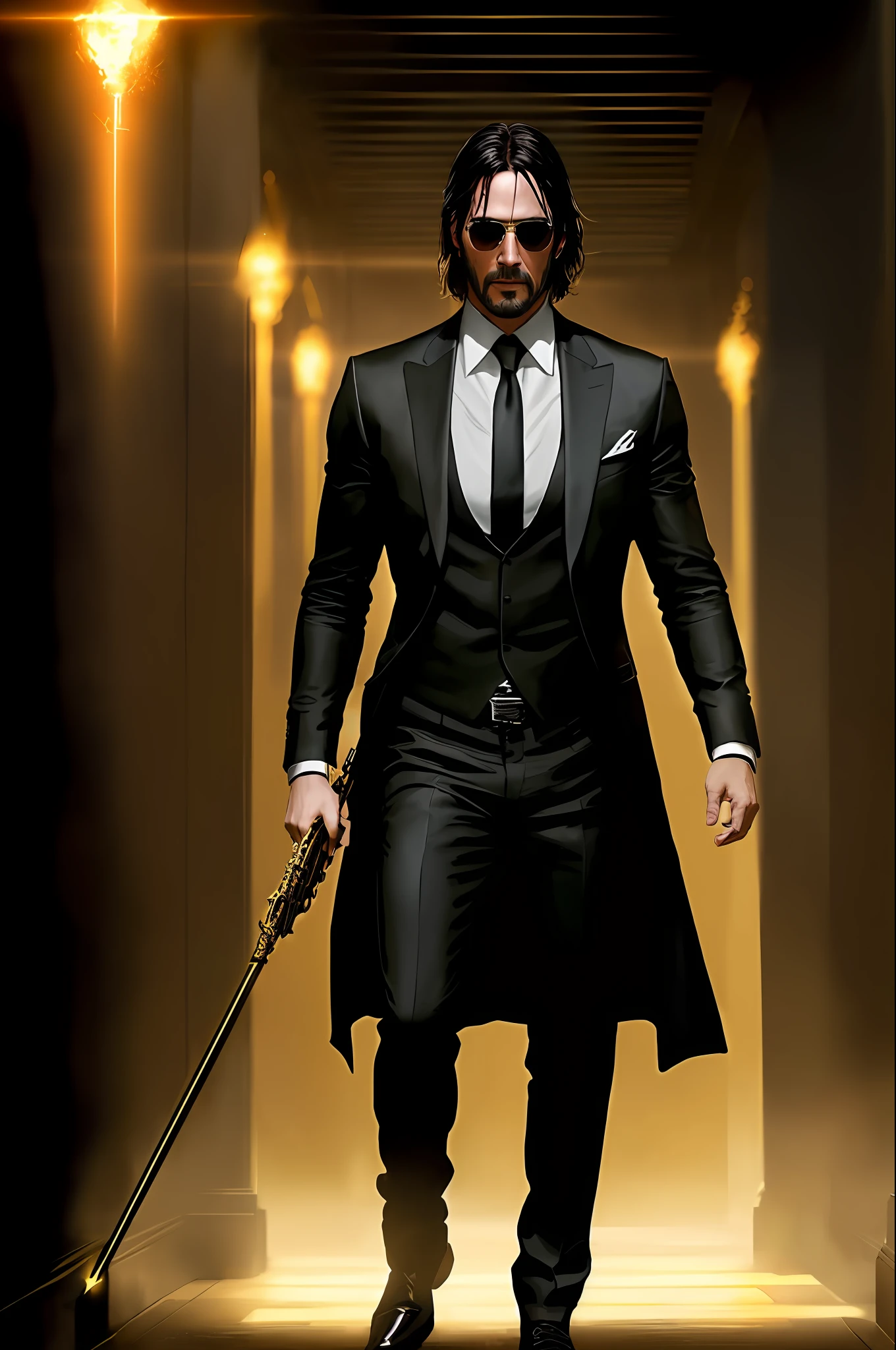realistic photo of John Wick as a wizard walking in a hallway, black wizard shirt with golden details, black tunic, sunglasses, fireballs floating around the person, (full body photo: 1.4), high fantasy background, ((perfect composition:1.4), deviantart hd, artstation hd, concept art, detailed face and body, award-winning photography,  margins, detailed face, detailed hands, backlight, ultra-realistic 12k, ray tracing, intense gaze, look at the viewer, cinematic lighting, art by Grzegorz Rutkowski)