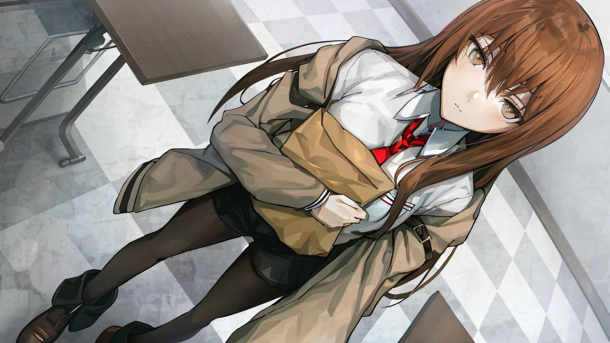 anime girl with brown hair and a red tie holding a brown bag, kurisu makise steins gate anime, makise kurisu, kurisu makise, steins gate, mayuri shiina from steins gate, steins ; gate, steins;gate, makoto shinka, digital art from danganronpa --auto --s2