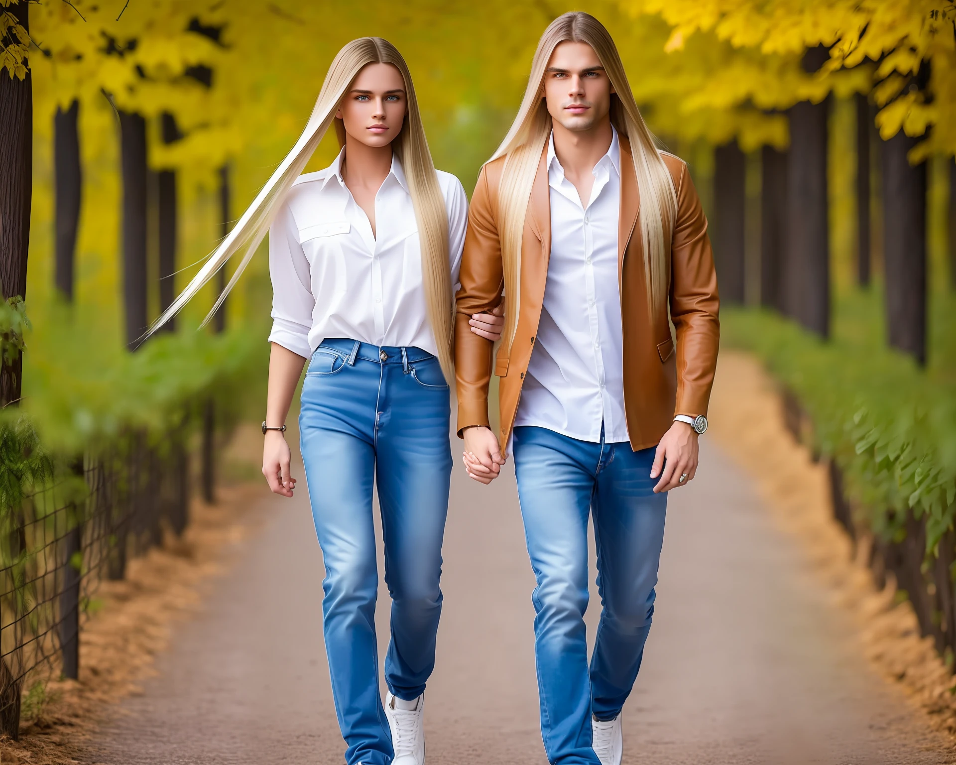 **A young man and a happy young woman, Hypernatural, couple strolling together, ((Perfect anatomically)) with blond hair and beautiful and delicate green eyes, looking at the audience. He is from ((Full body: 1.2)), She is from ((whole body1.2)) are holding hands ((are Western)), ((she is brunette with long hair with curls)), ((he is blond with long straight hair)) are happy, love is in the air, natural light, walking through the park, many trees of all colors, illustrations, 8 wallpapers, ultra-detailed, full body portrait, best photos, images without anatomical errors, wrong paths, intricate details of the highest quality, perfect and symmetrical face, perfect and symmetrical hands, symmetrical faces, symmetrical lips, symmetrical eyes, symmetrical heads, tanned skin, auto, sportswear, jeans, sneakers, s2-upscale, air 3:2 L, 3D, error free.** --auto --s2