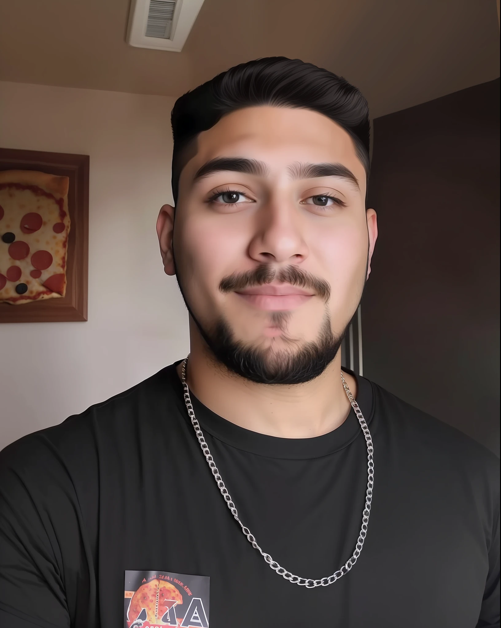 arafed man with a beard and a black shirt with a pizza on it, around 1 9 years old, taken in the early 2020s, headshot profile picture, andres rios, zigor samaniego, 2 7 years old, 2 3 years old, with a small beard, very very low quality picture, christian orrillo