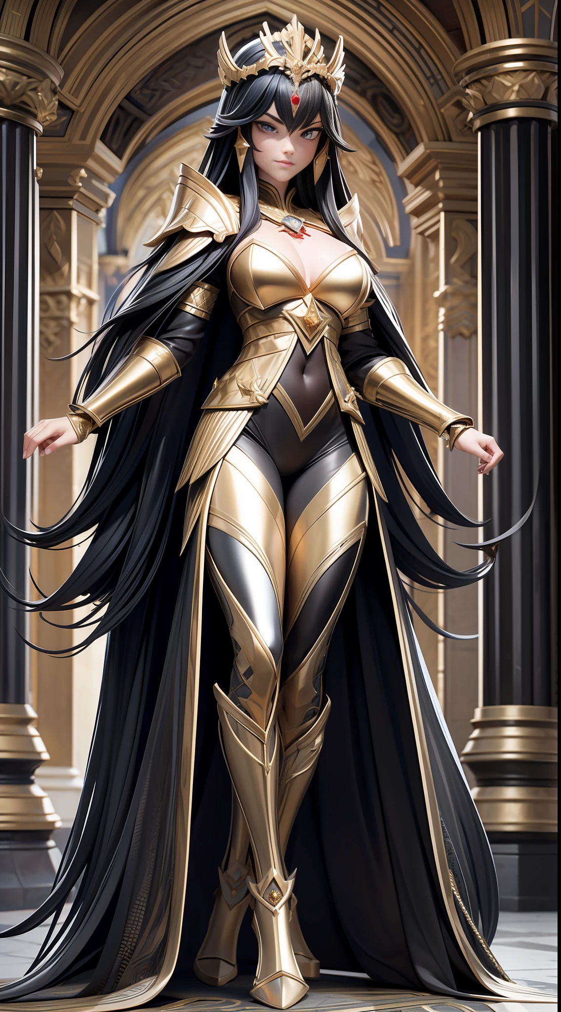 full body picture Unreal Engine 5 8K UHD of beautiful women, black long hair, queen, royal golden armor with details, black chainmail bodysuit underwear, red cape, female royal knight, formal pose, holding steel sword with ancient language, flying ancient language effect, stand in palace, gold crown with diamonds, best quality, masterpiece