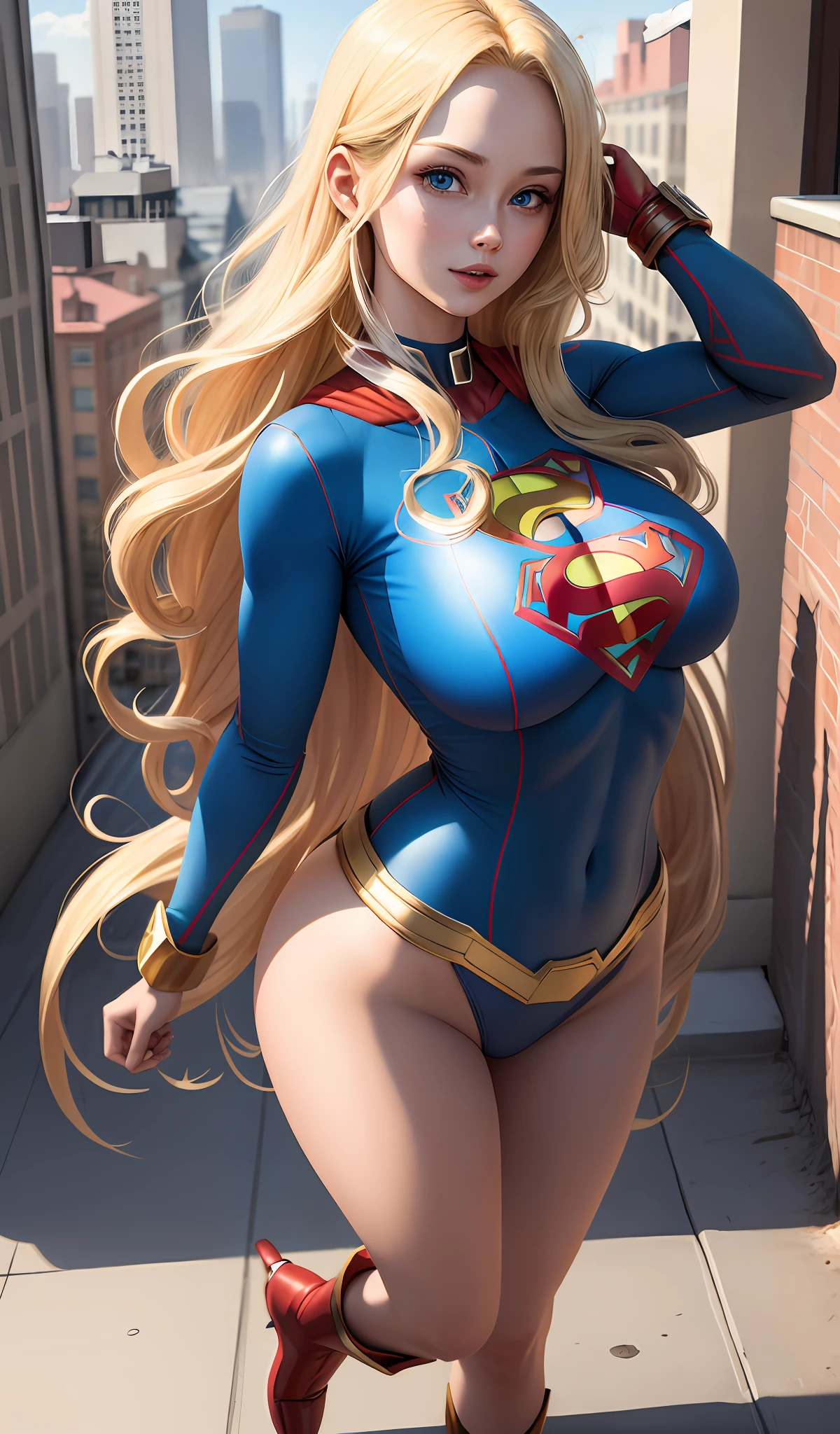 4k, realistic, charismatic, very detailed, there is a girl in heaven, wearing super girl costume, she is super girl, super hero theme, long blonde hair, 25 years old, full body, huge breasts, terrace of a building