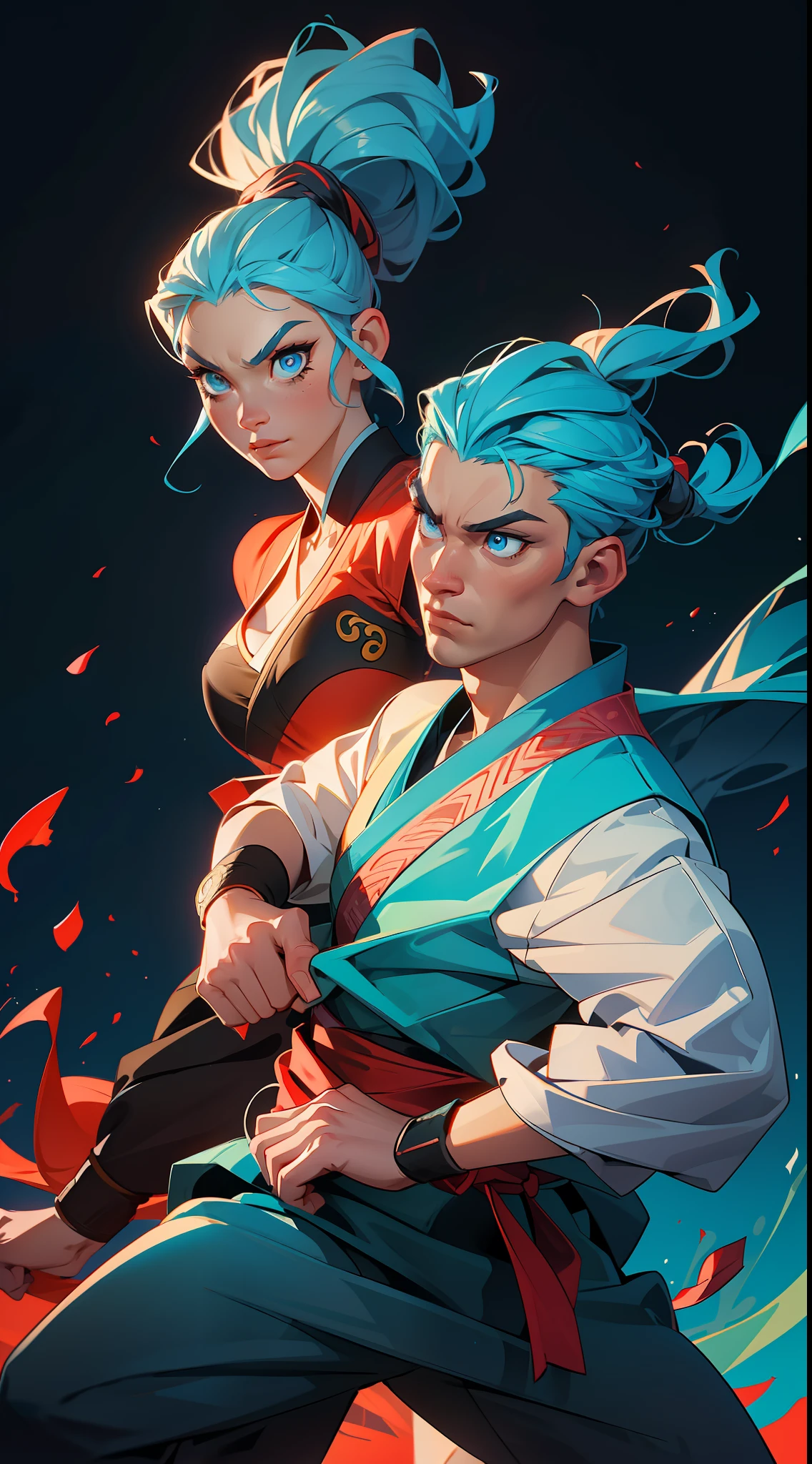 "Intense martial arts action awaits with our (1.2)marital arts fighter, perfectly accentuated by their (1.2)vibrant hair. Catch the fire in (bright blue)eyes as they take on any challenge with (dynamic)pose and fast-paced movements, all searing under the heat of (intense)lighting."