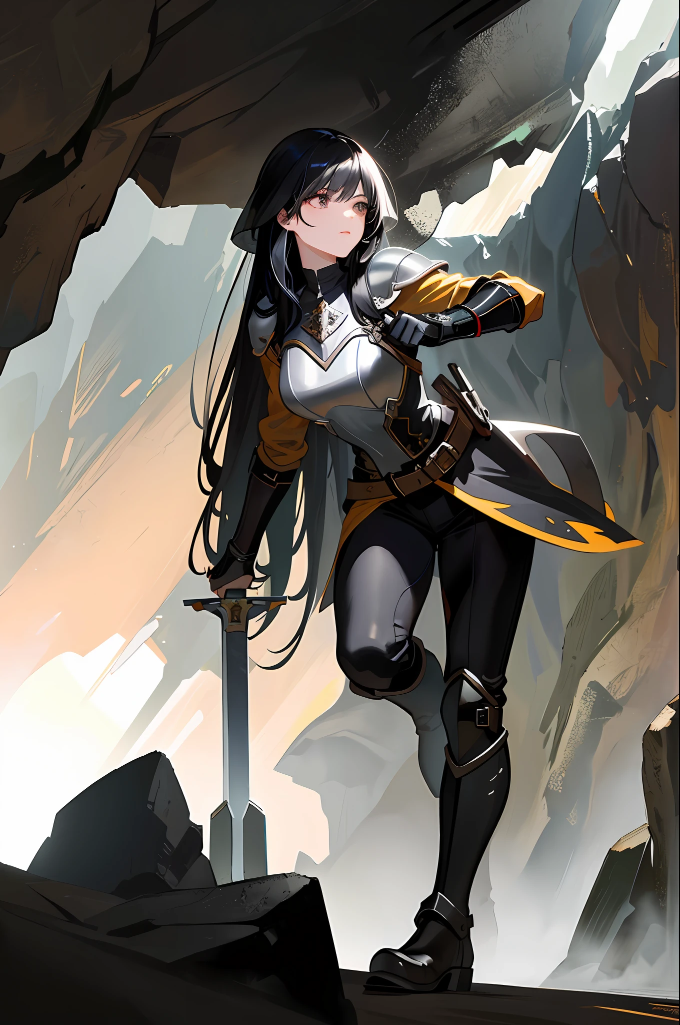 (masterpiece, best quality),1girl with long black hair holding a steel sword inside a cave, helmet, broken armor, boots, glove, torch, perspective, flash point, dark, stones, naturalism, realism, fantasy, perspective, fog, fog, capricious, adventurous